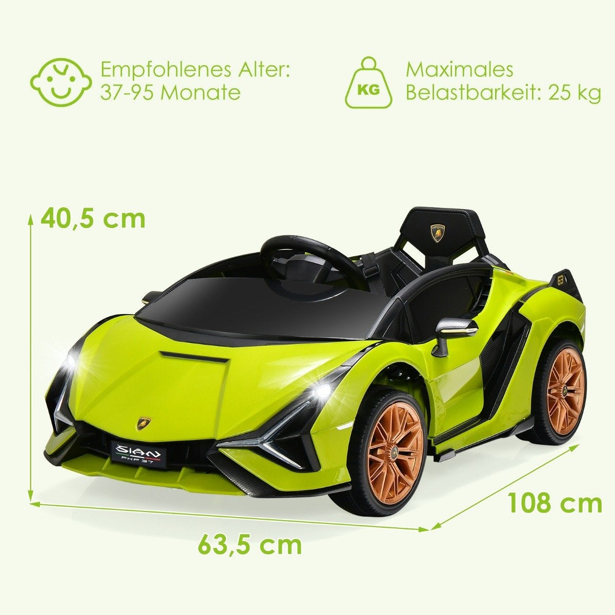 A bright yellow electric toy car in Lamborghini style with orange rims.