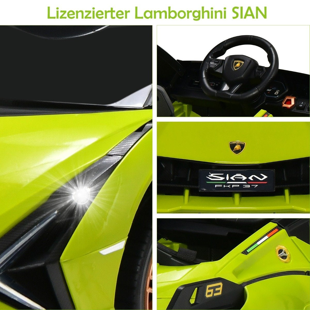 Licensed Lamborghini Sian toy car detail view: headlight, steering wheel, emblem, and license plate.