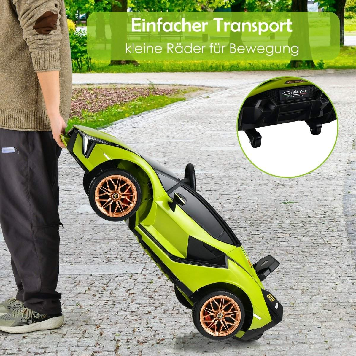 Green toy car is lifted by a person via the handle for easy transport.