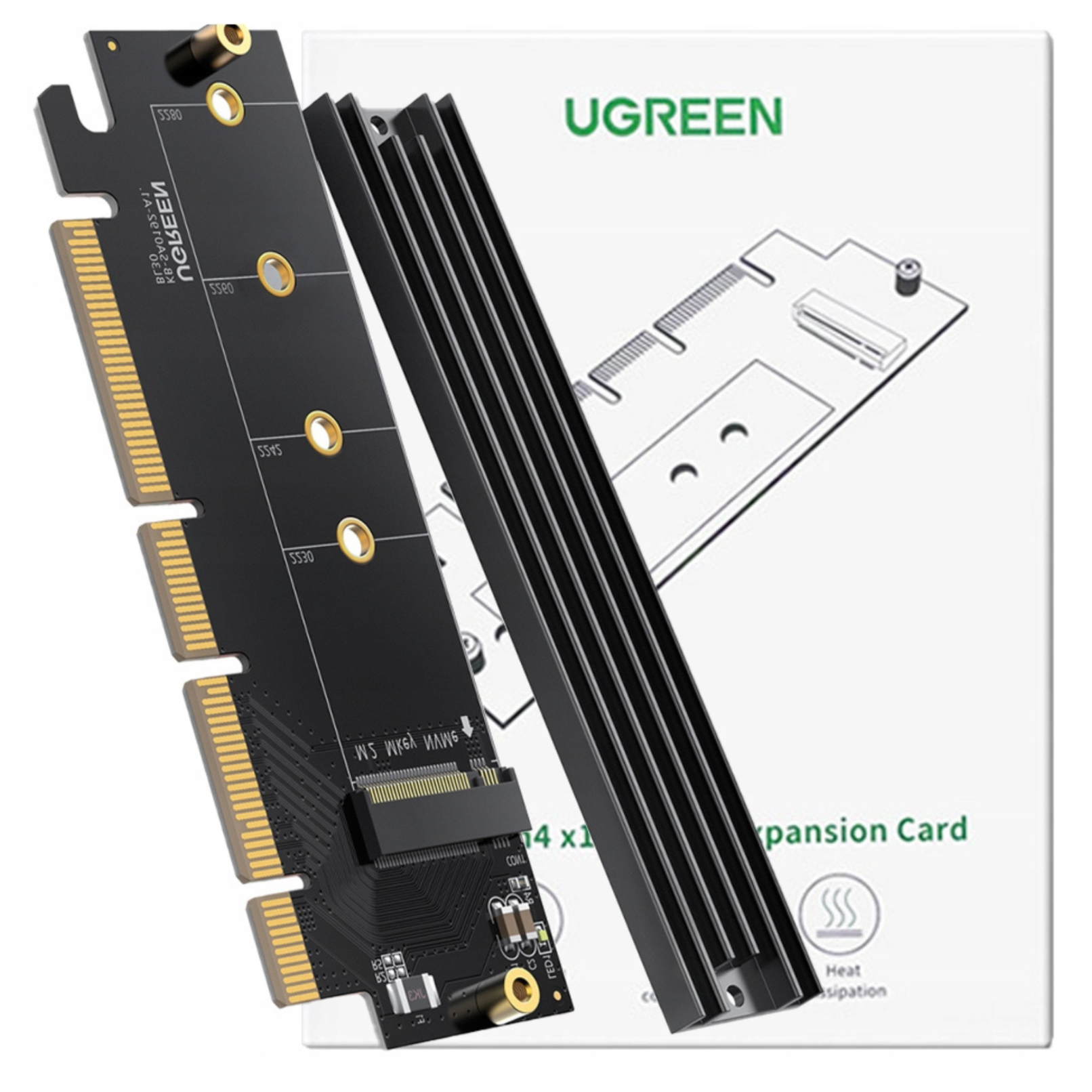 Czarny adapter M.2 NVMe na PCIe z radiatorem i logo UGREEN.