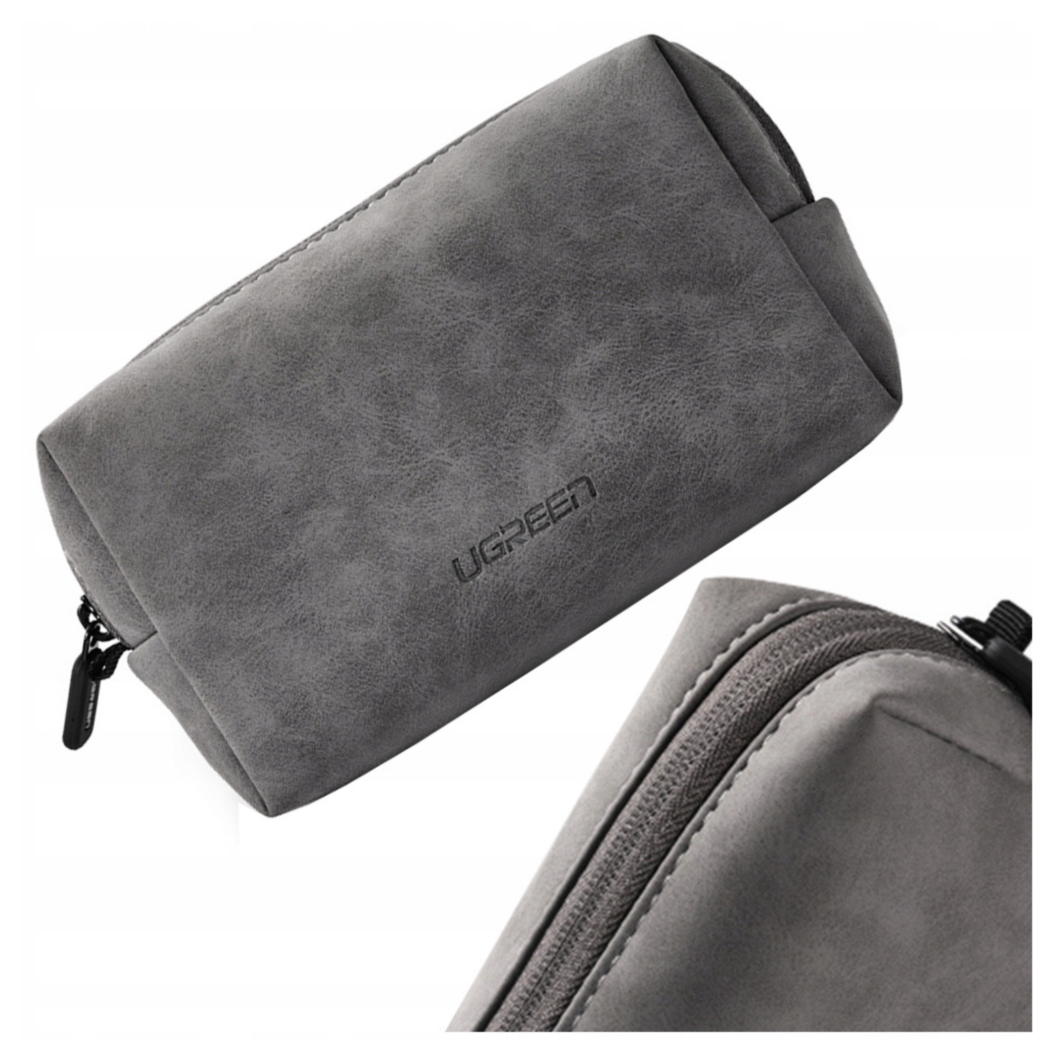 Szara, płócienna kosmetyczka z zamkiem i logo UGREEN, leżąca.
