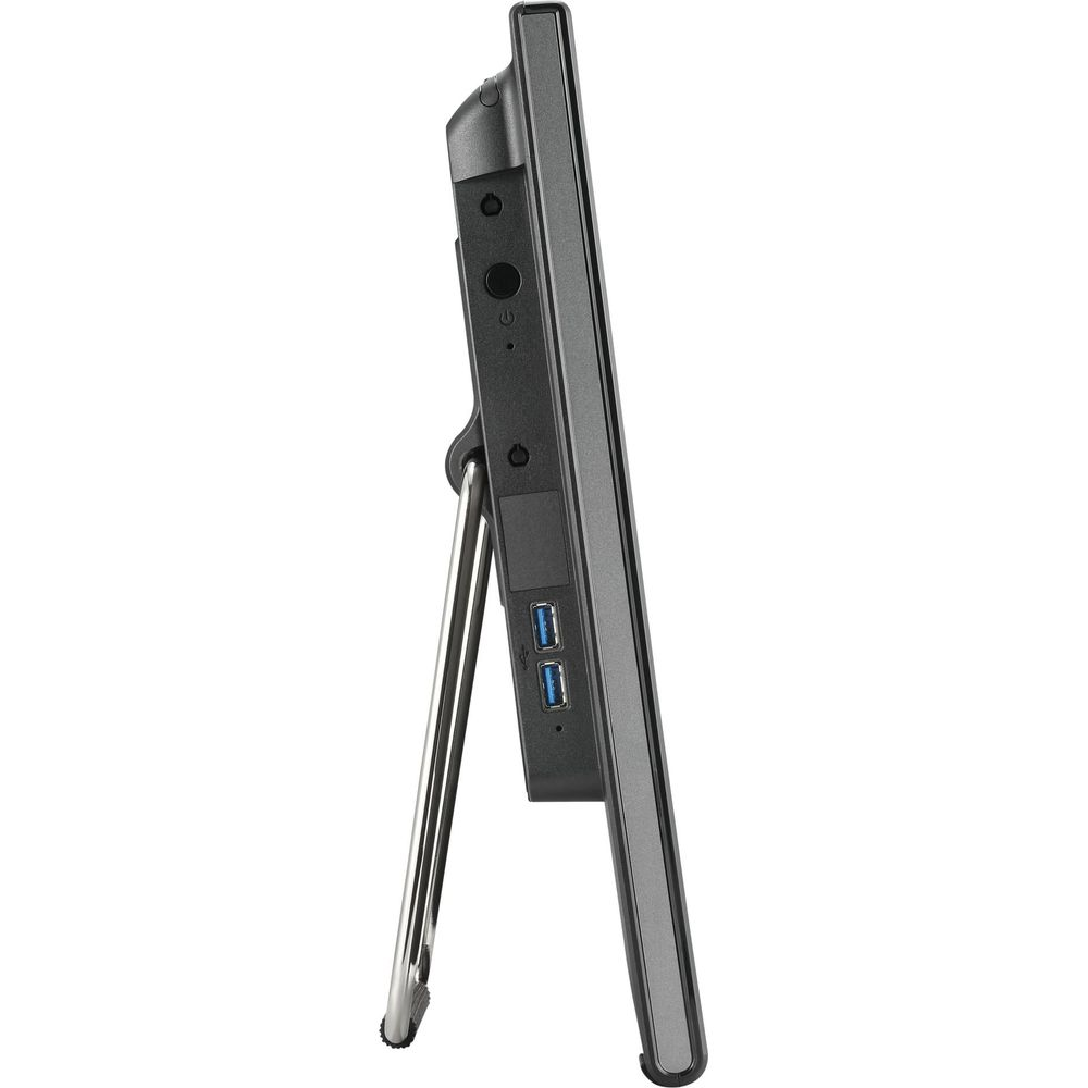 Widok z boku czarnego komputera typu all-in-one ze srebrnym stojakiem i portami USB.