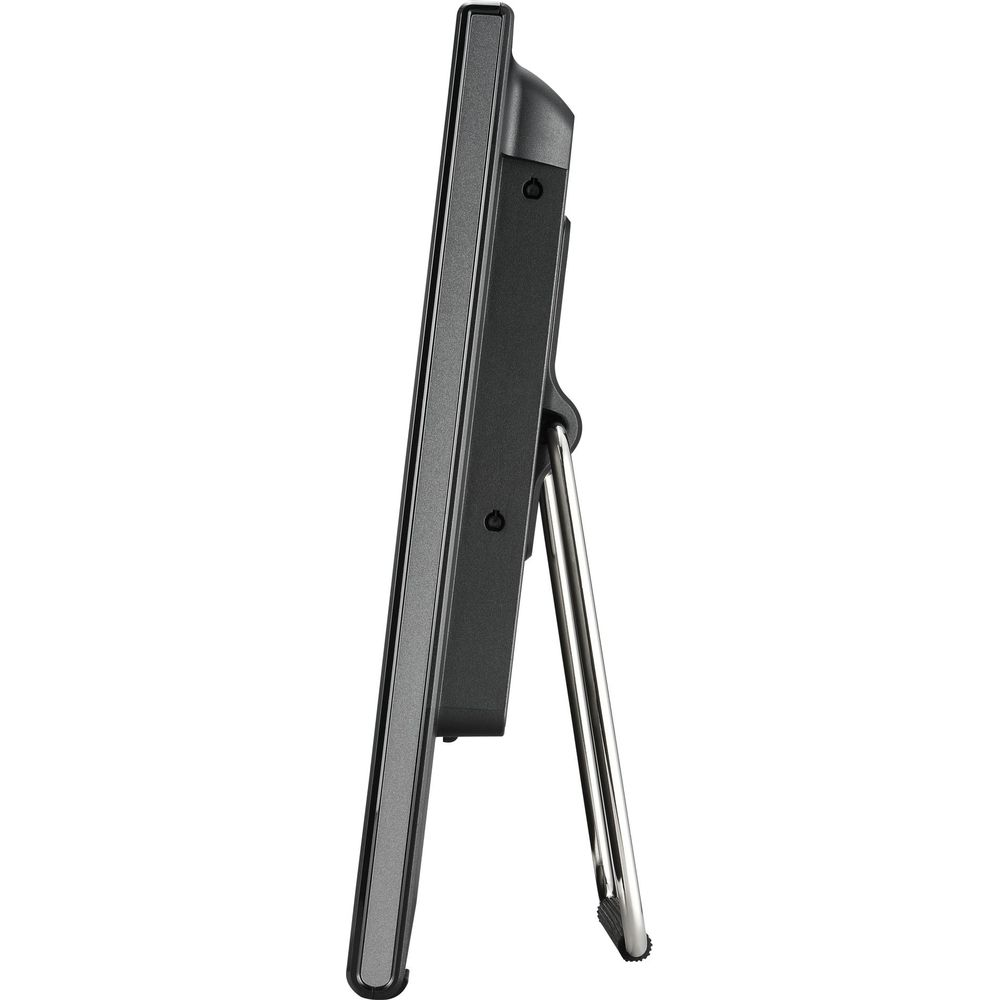 Czarny monitor widziany z boku ze srebrnym stojakiem.