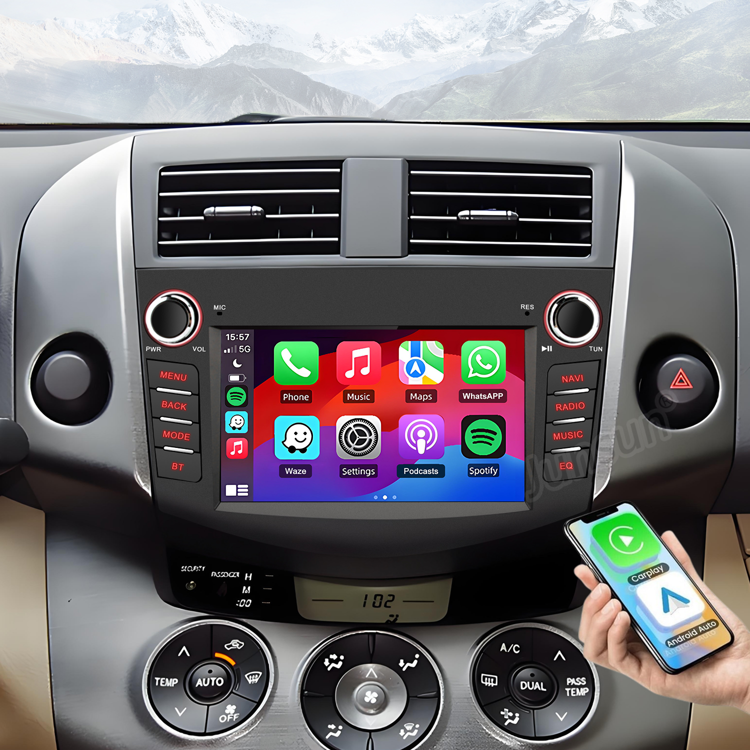 Wnętrze samochodu z radiem dotykowym wyświetlającym Apple CarPlay i Android Auto.