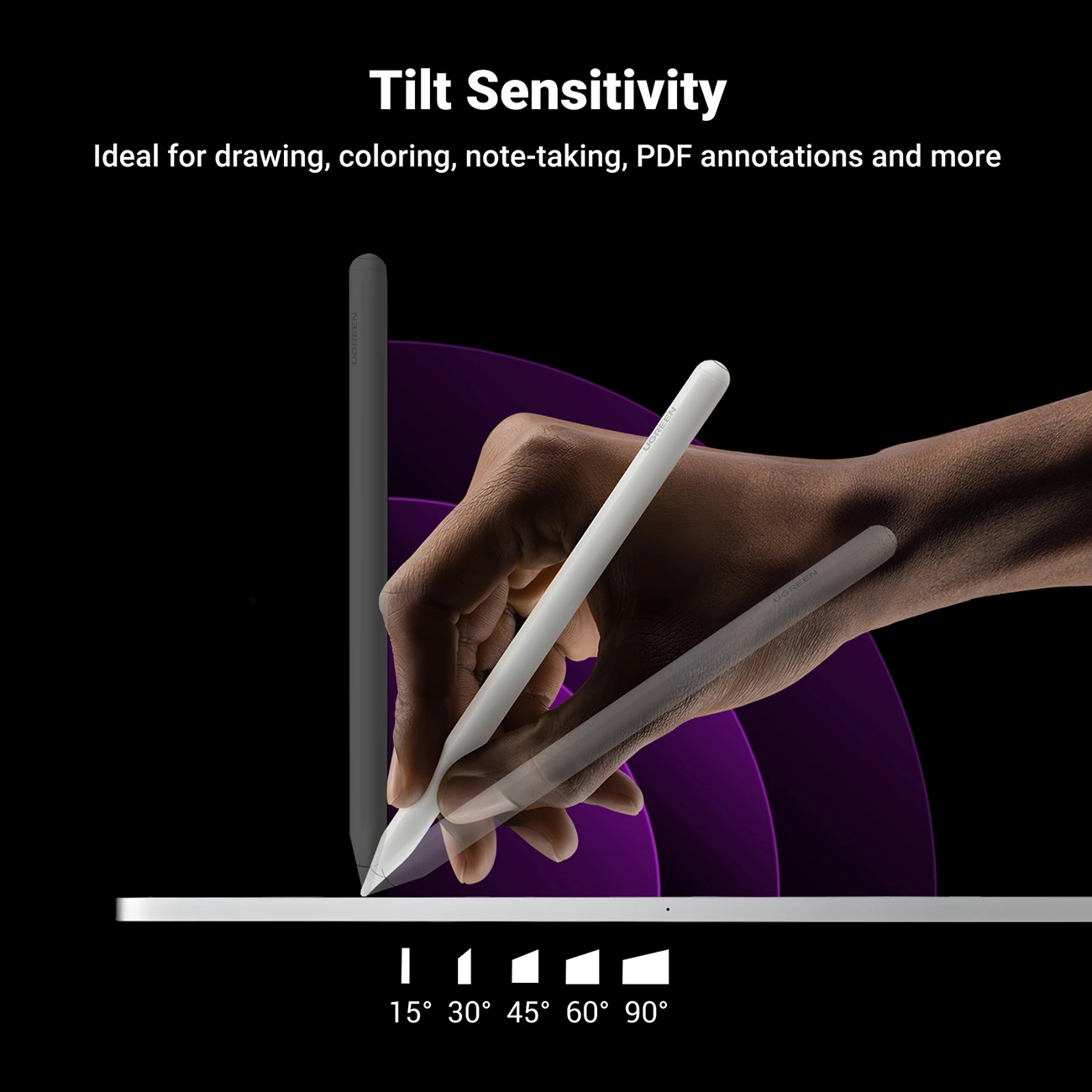 Dłoń trzymająca rysik na tablecie, pokazująca kąty nachylenia.