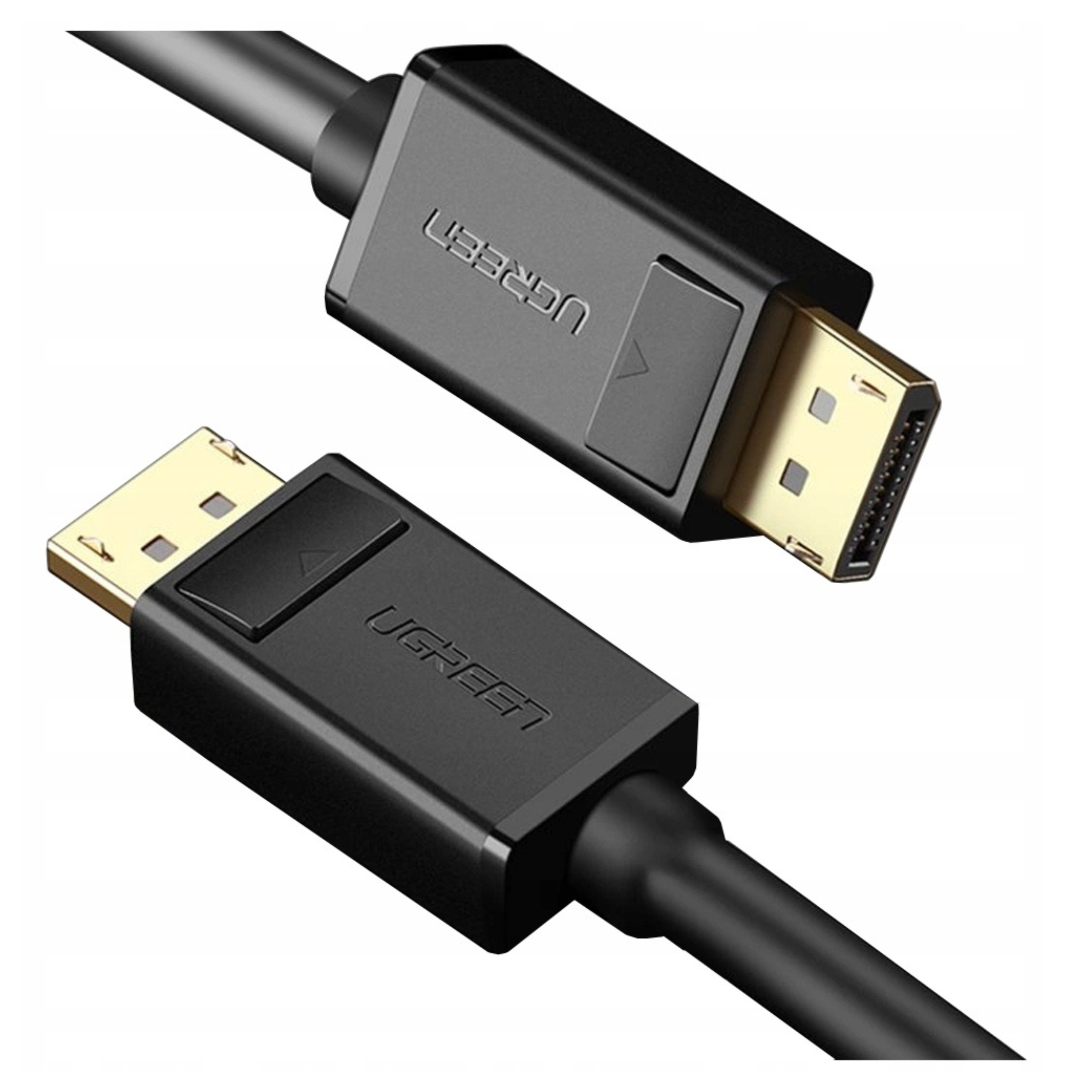 Czarny kabel DisplayPort ze złotymi złączami i logo UGREEN.