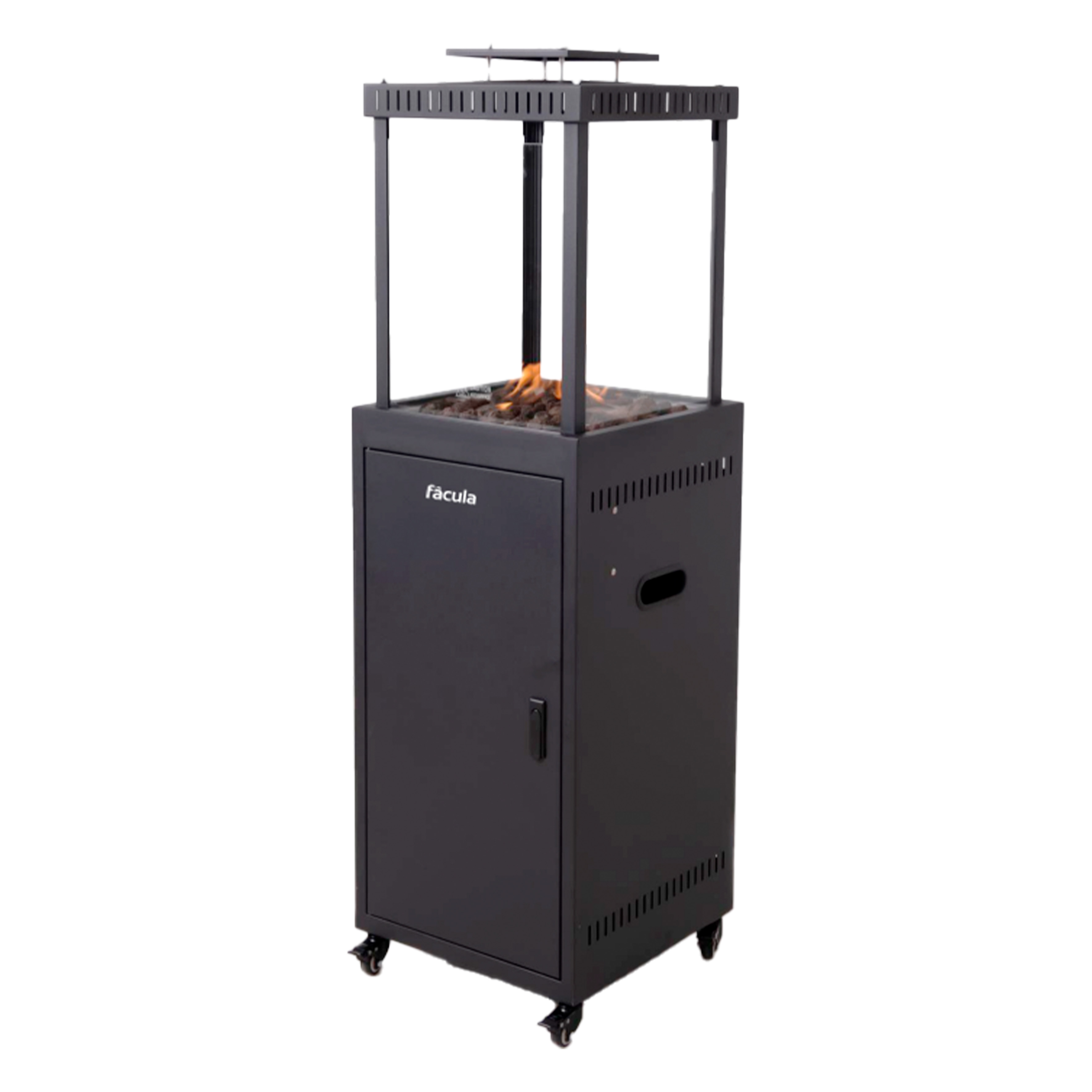 Calentador de gas negro con llamas y tapa de cristal sobre ruedas.