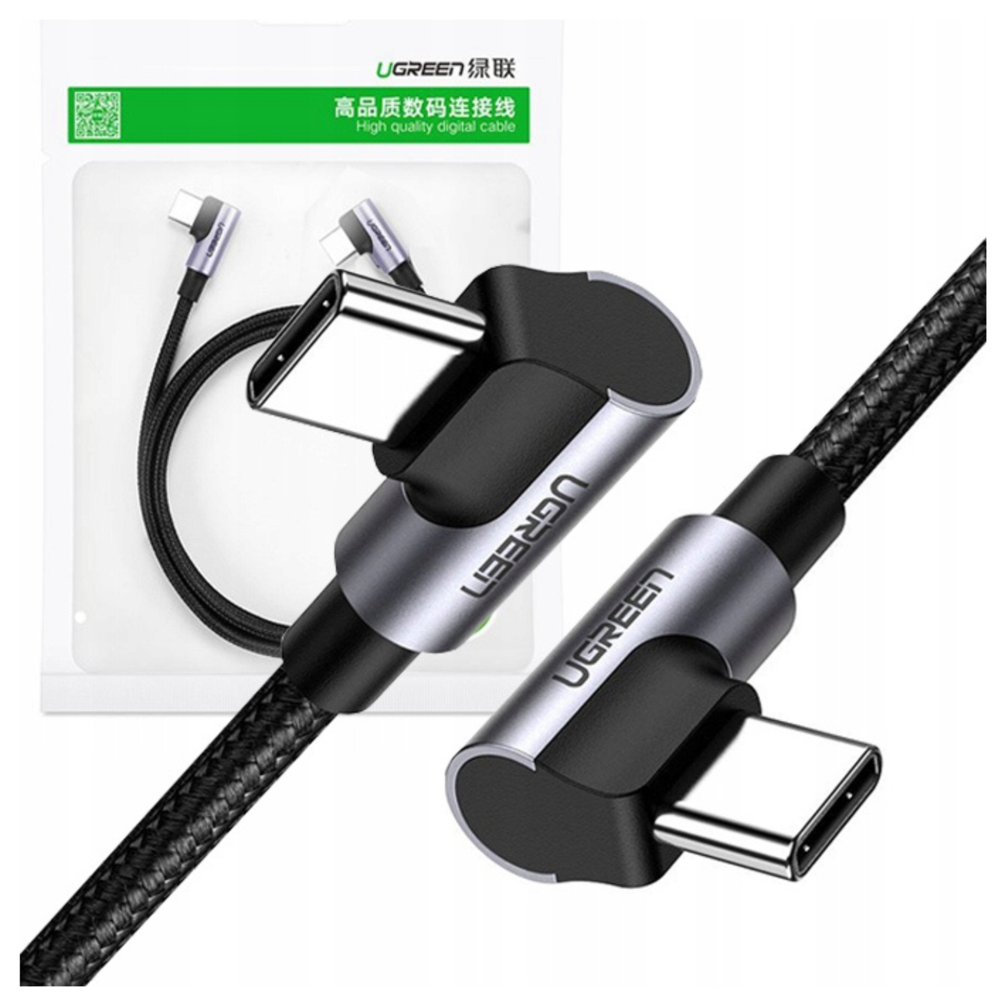 Kabel ładujący UGREEN USB-C pod kątem 90 stopni, czarny pleciony.