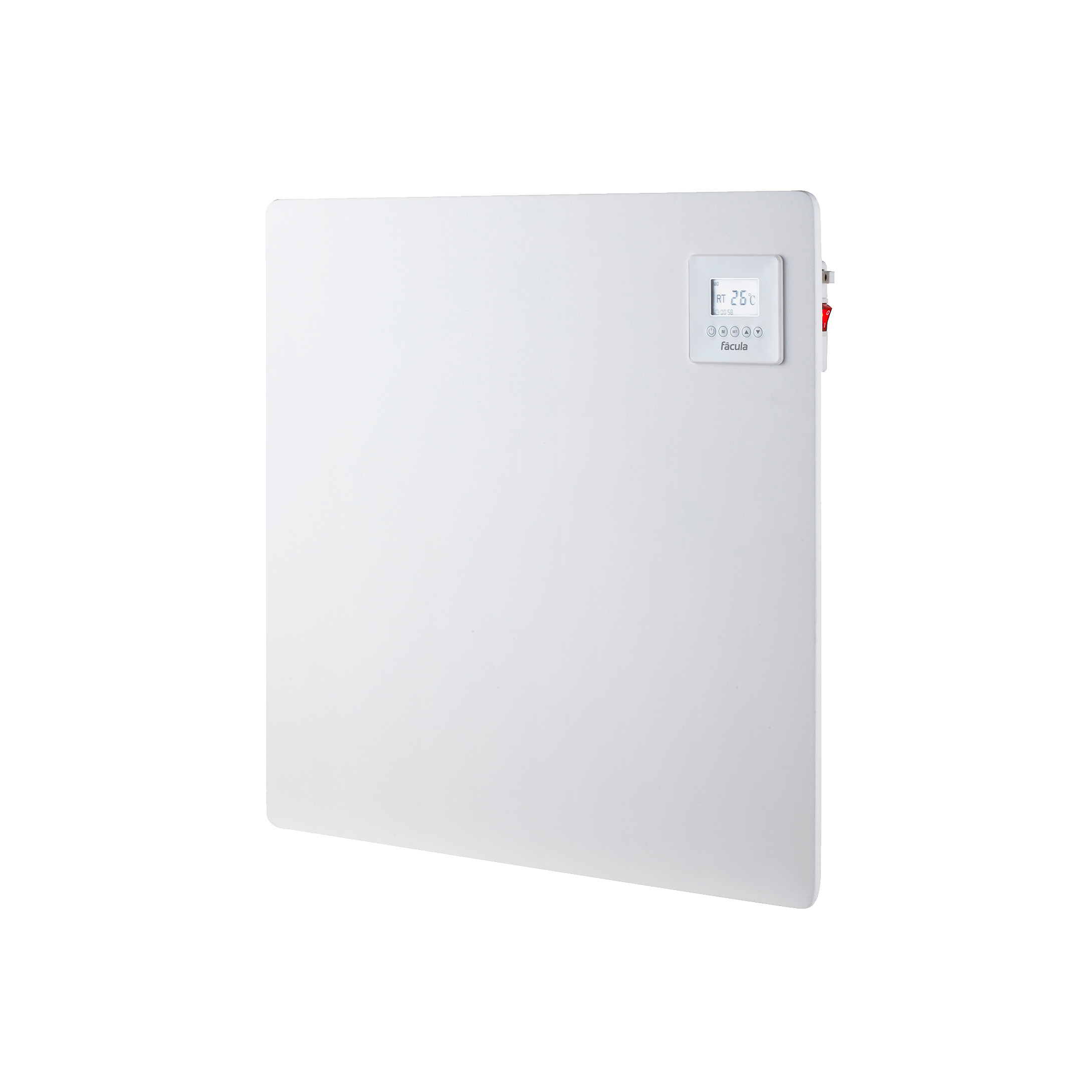 Un radiador eléctrico blanco con pantalla digital muestra 25°C.