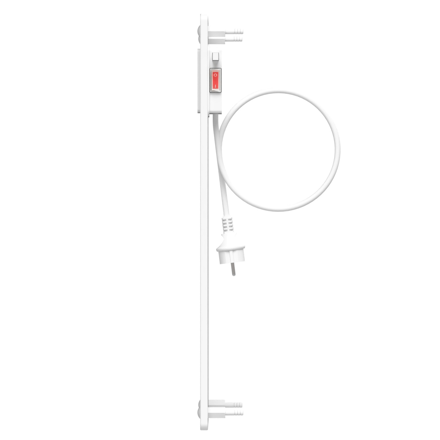 Un termostato blanco para radiador con interruptor rojo y cable blanco con enchufe.