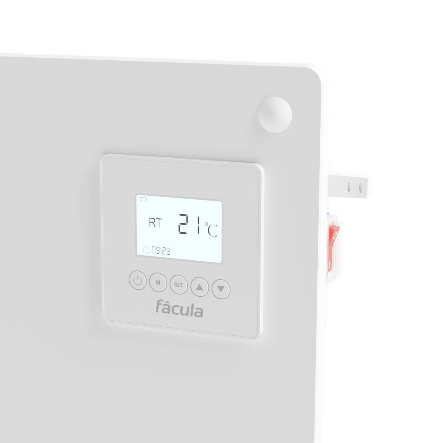 Calentador blanco con pantalla digital: 21°C, 09:28, y botones de control.