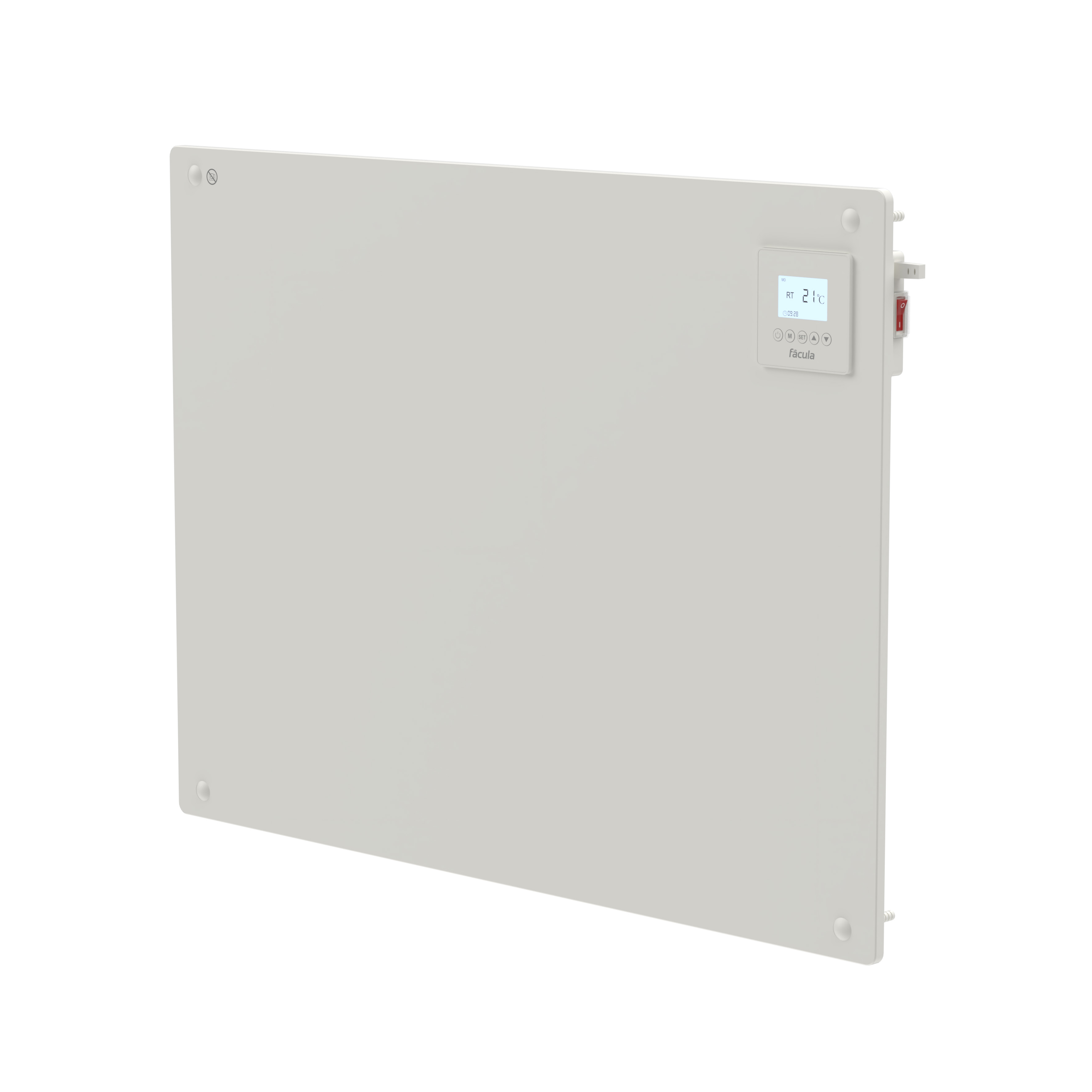 Un panel calefactor blanco con pantalla digital que muestra 21°C.