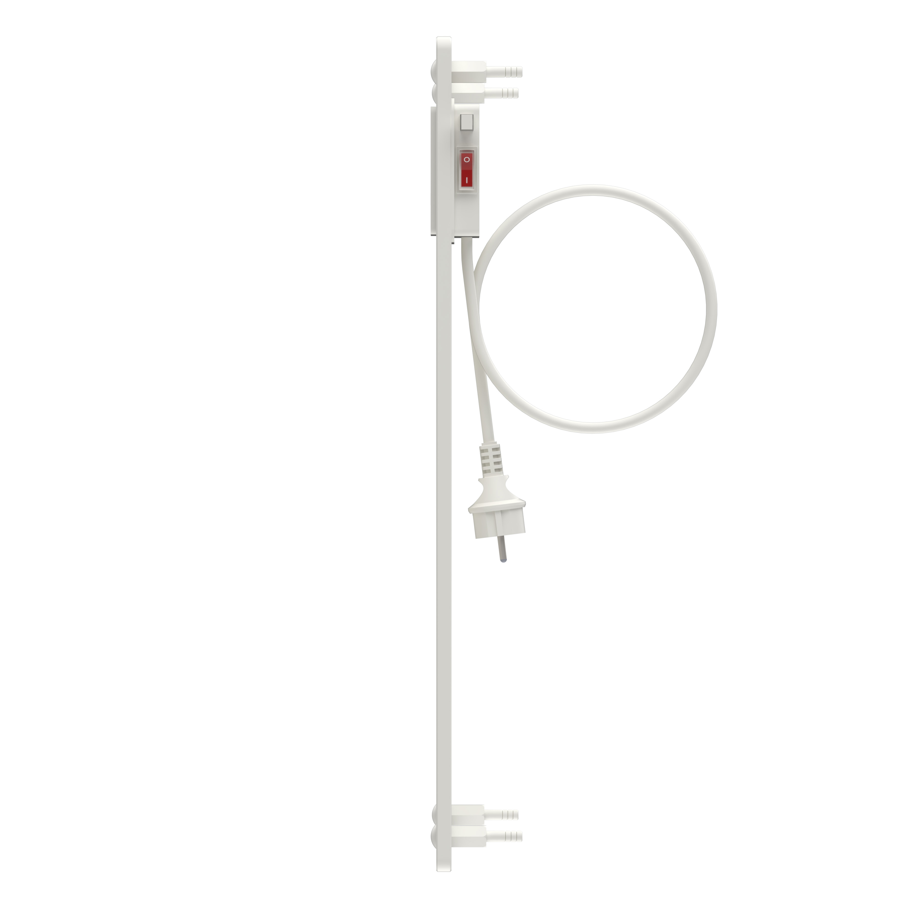 Un toallero blanco con interruptor y cable sobre fondo blanco.