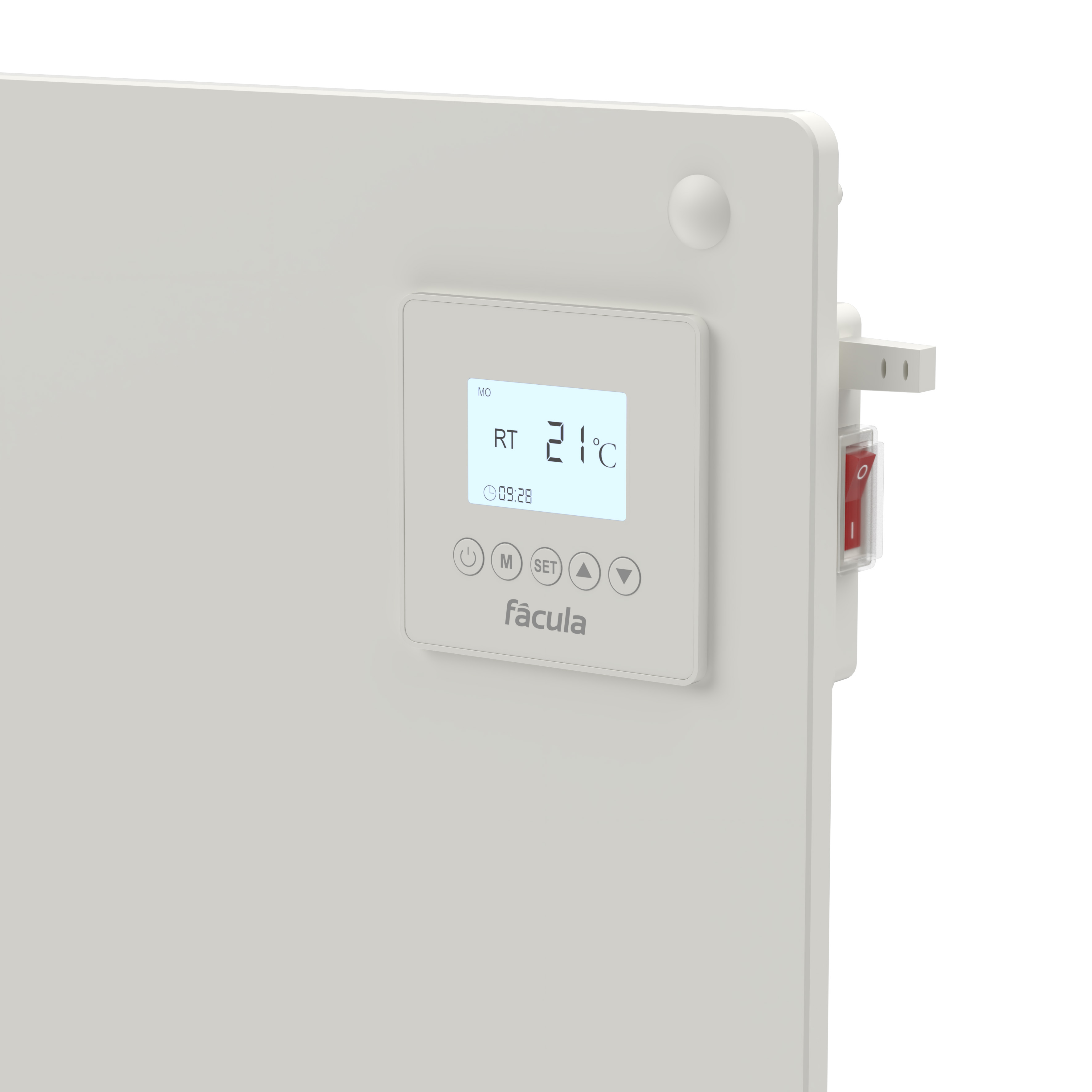 Un radiador blanco con termostato digital que muestra 21°C.