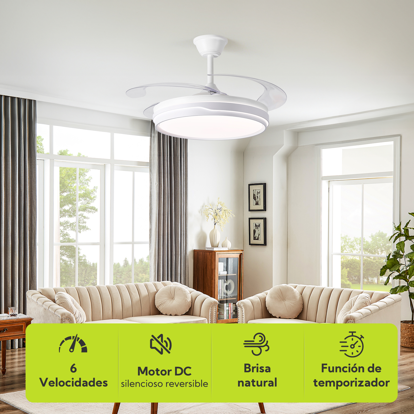 Un ventilador de techo moderno con luz sobre un sofá beige.