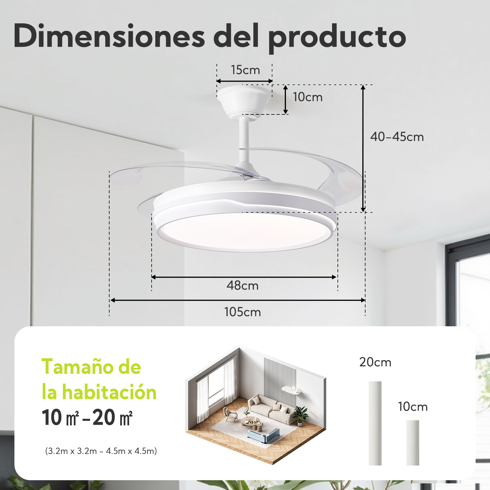 Dimensiones del producto: Ventilador 48cm ancho, 40-45cm alto. Para habitaciones de 10-20m².
