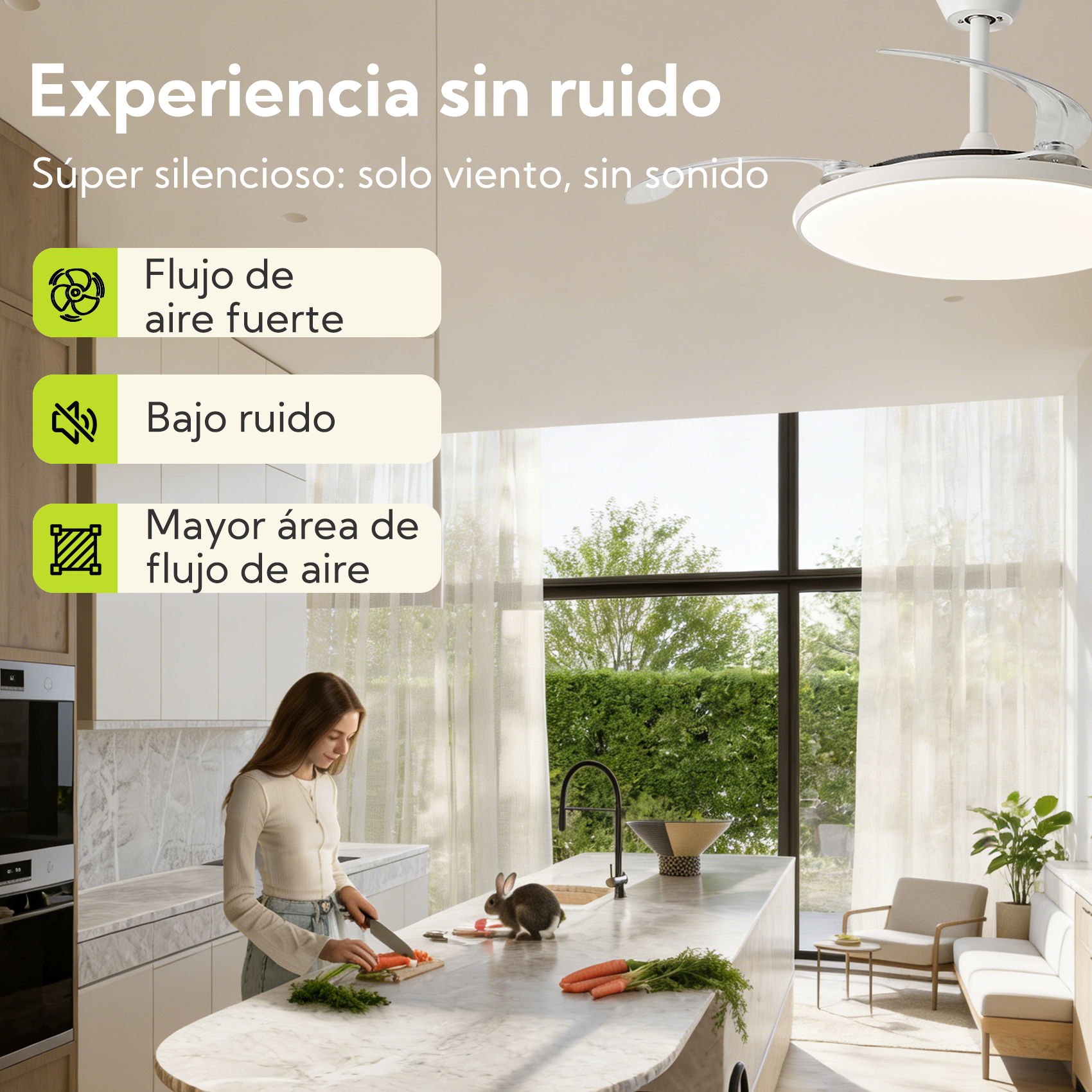 Mujer corta zanahorias en cocina moderna con ventilador de techo.