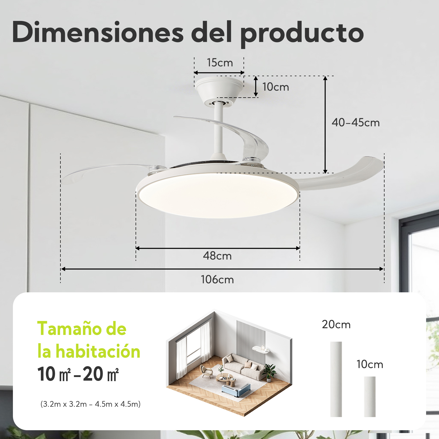 Ventilador de techo con luz LED, mostrando dimensiones para habitaciones de 10-20 m².