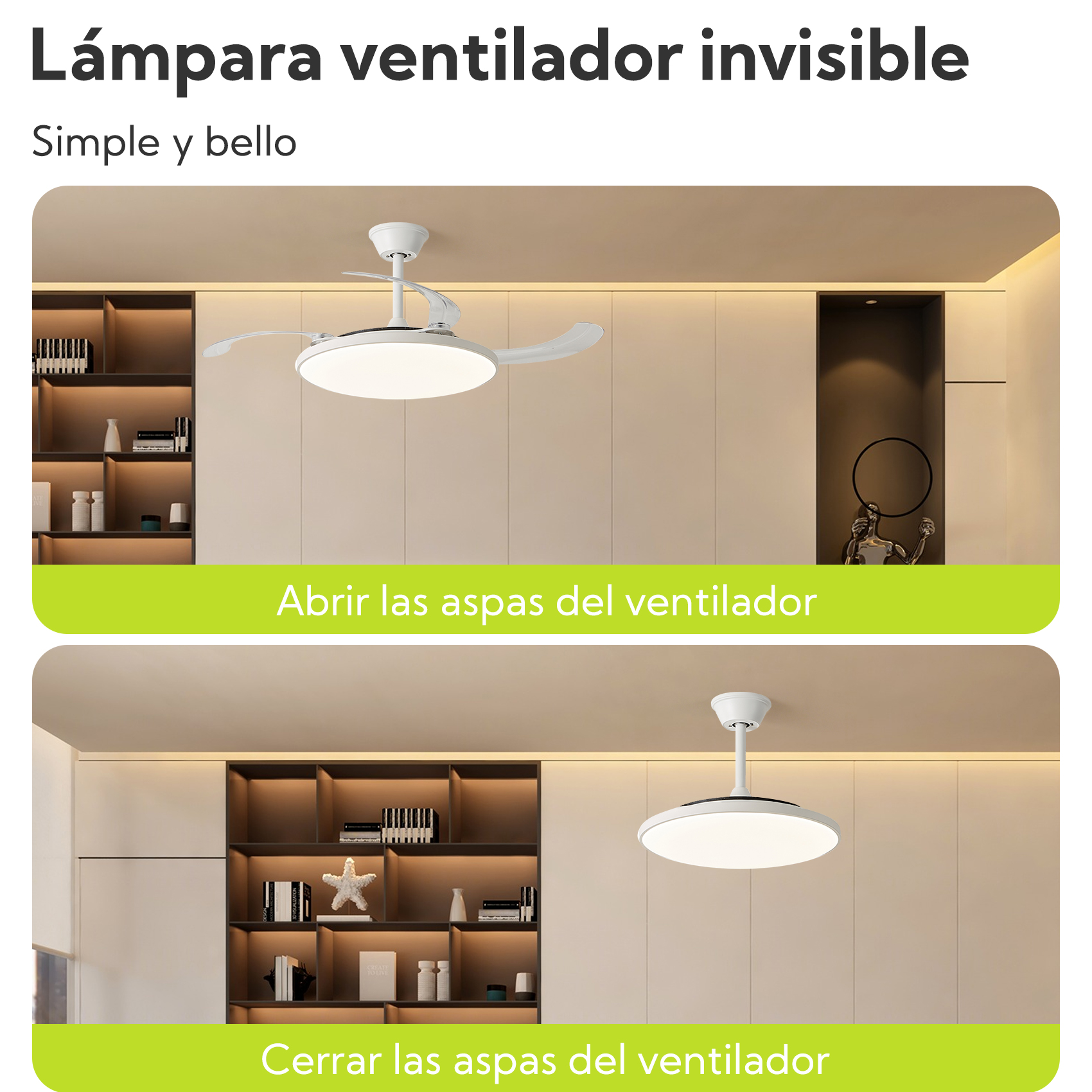 Un ventilador de techo blanco con aspas extendidas sobre una estantería.
