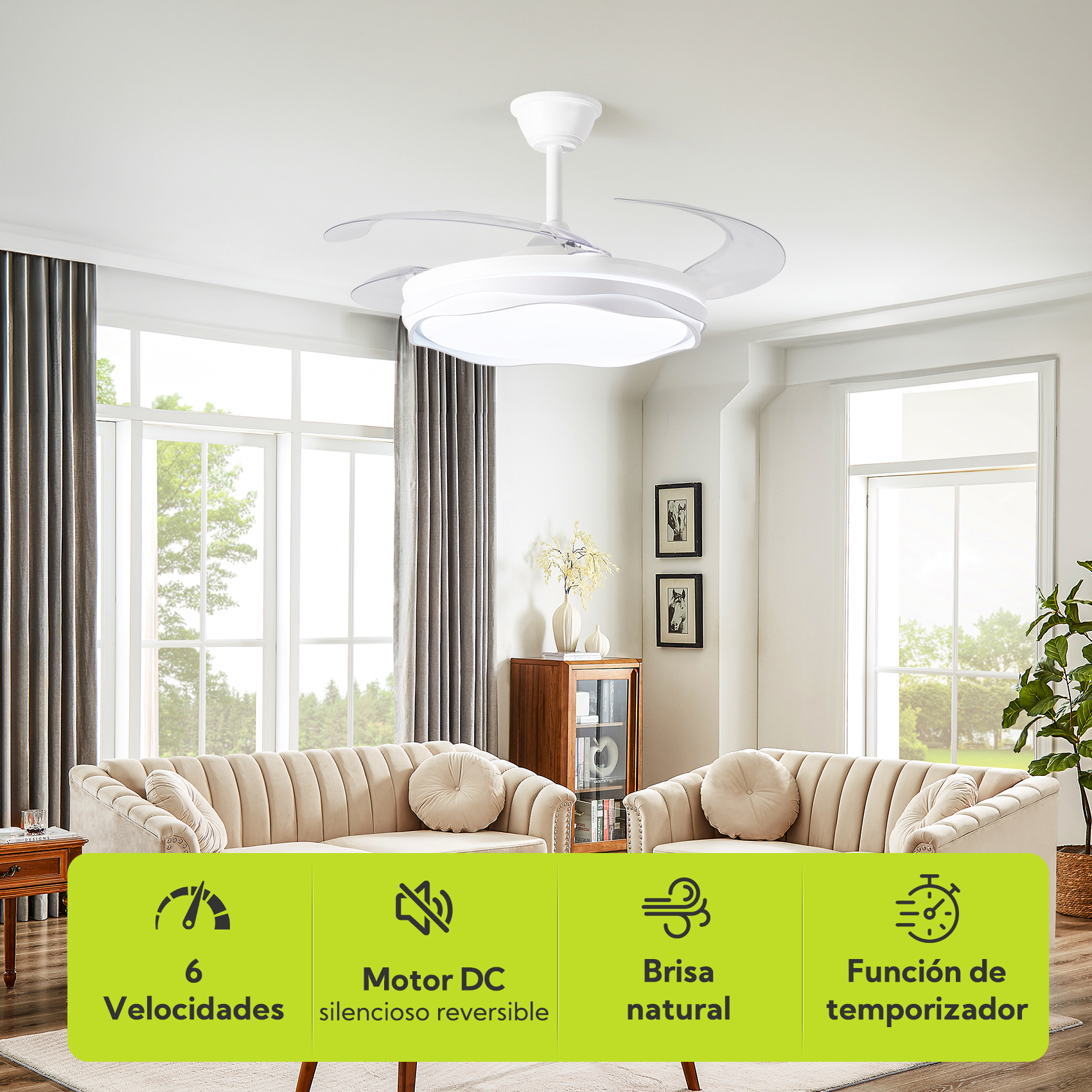 Un ventilador de techo blanco moderno con luz sobre un sofá beige.