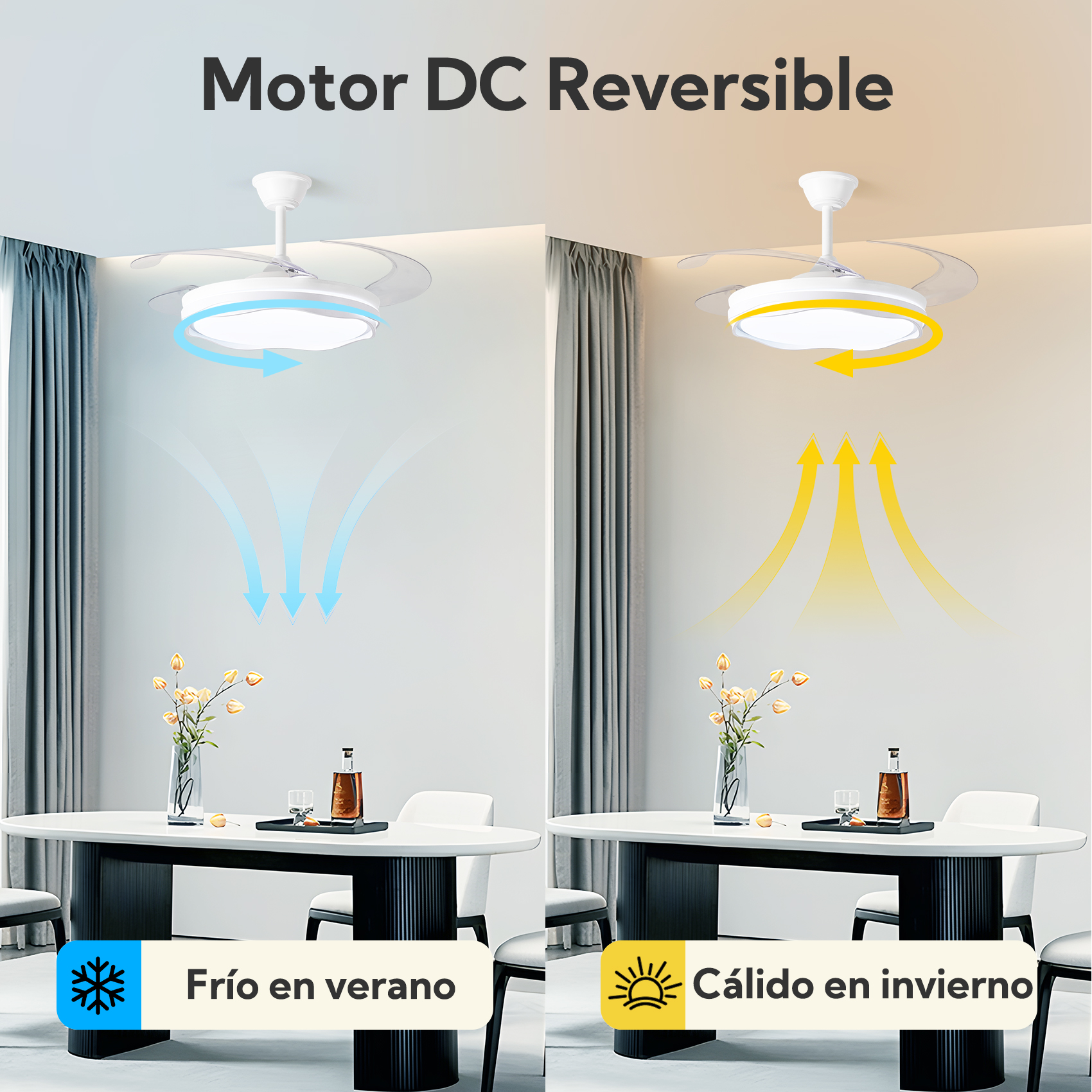 Ventilador de techo con luz en modo verano e invierno.