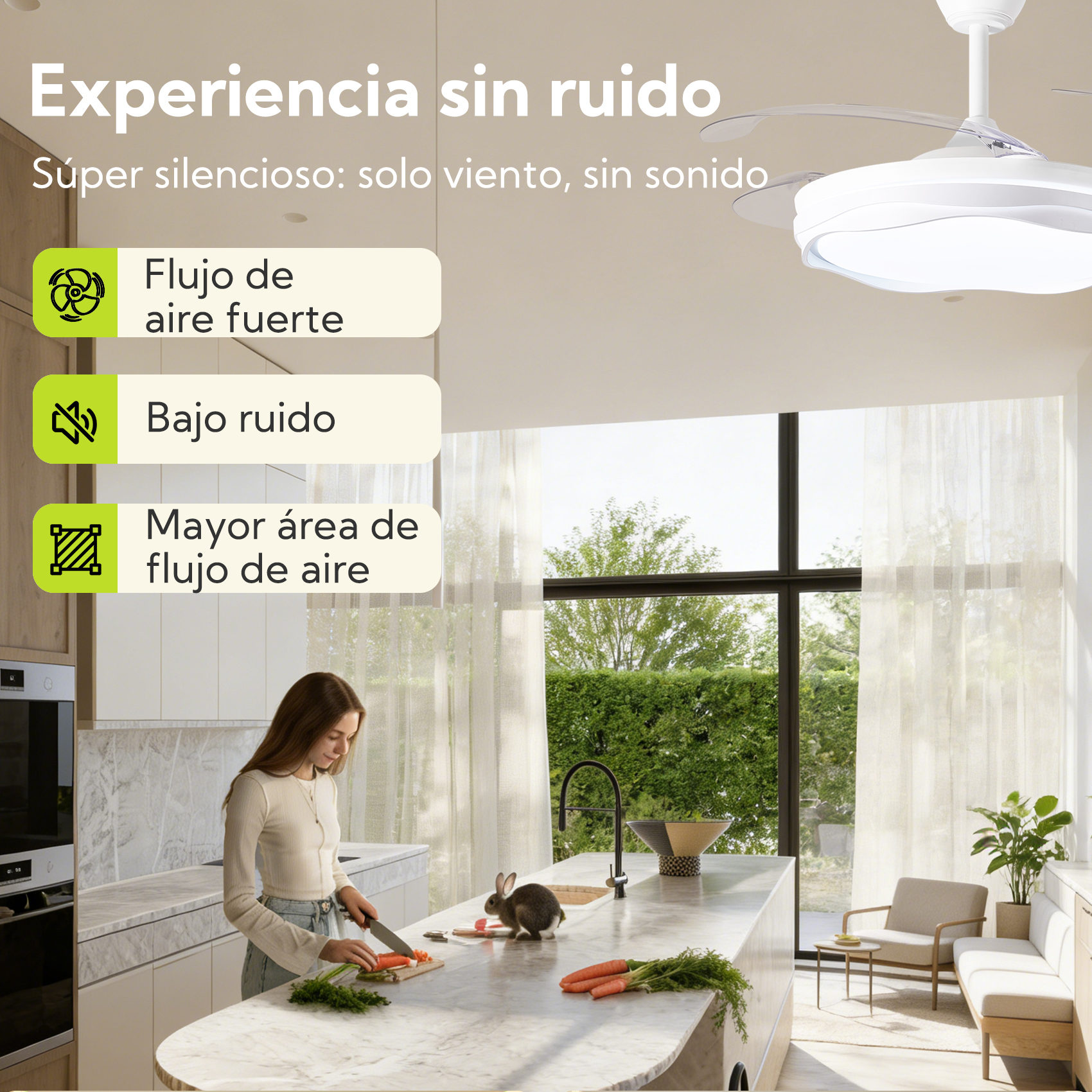 Cocina moderna con ventilador de techo, mujer cortando zanahorias, conejo en encimera.