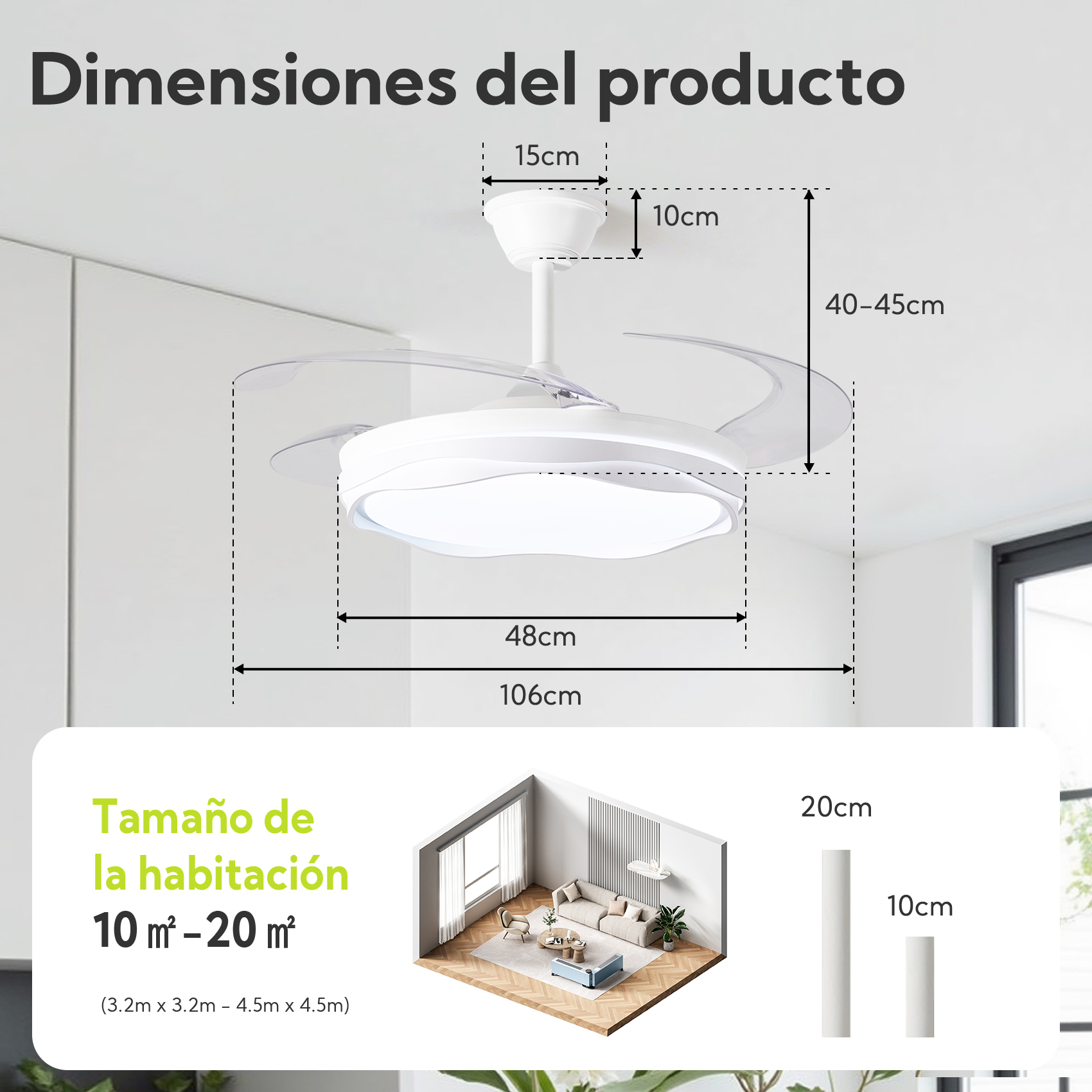 Dimensiones ventilador de techo: 48cm ancho, 106cm total, 40-45cm alto.