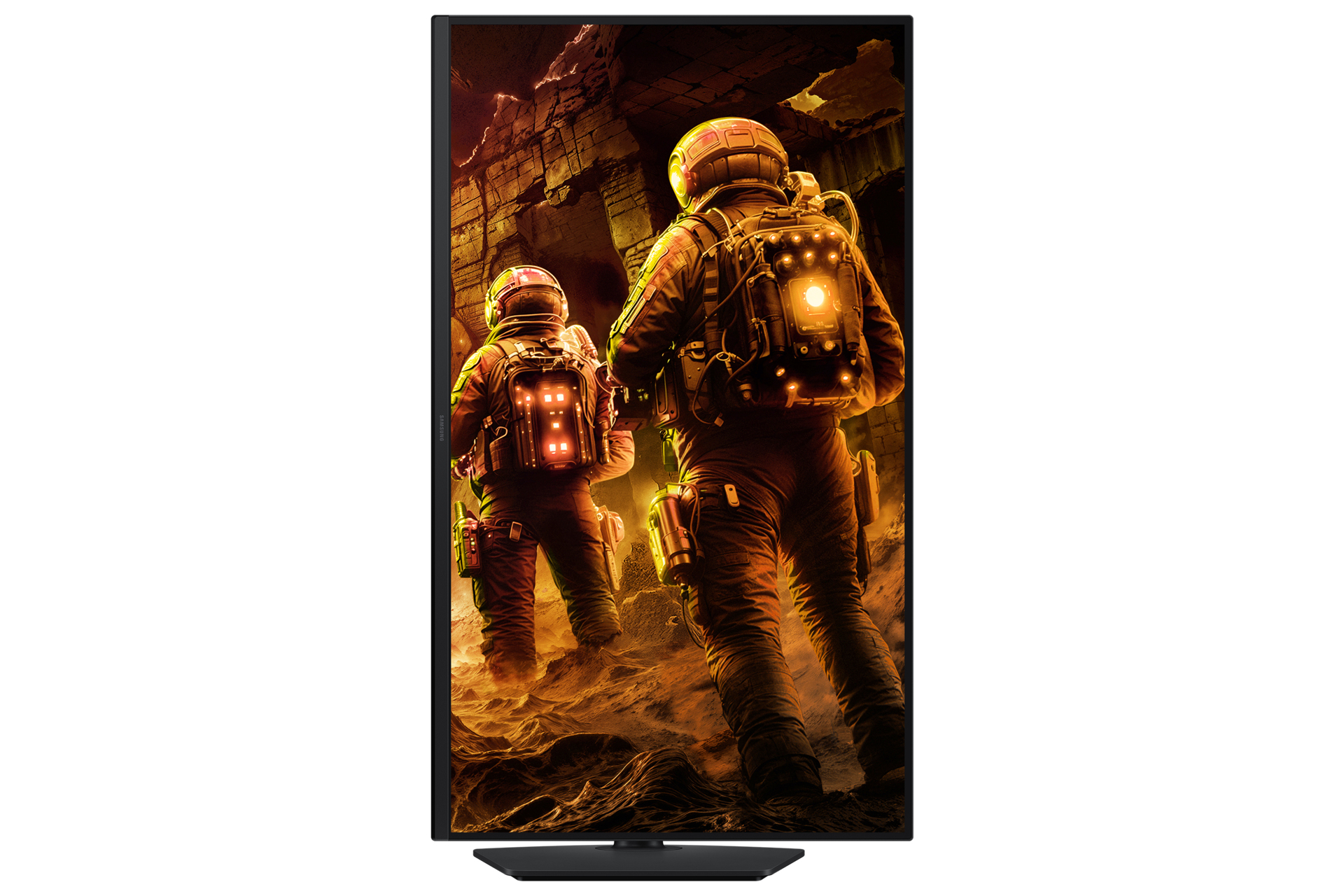 Dwóch astronautów w jaskini z świecącymi plecakami idzie do przodu.