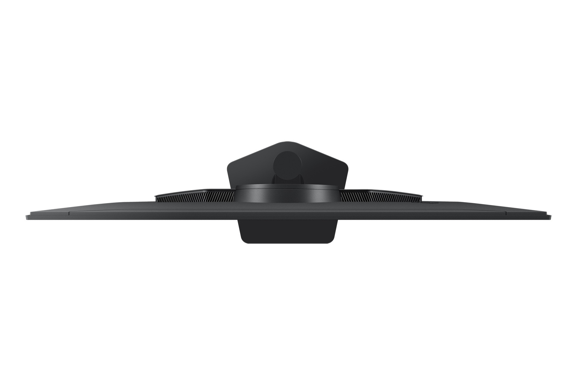 Widok z góry czarnego monitora z otworami wentylacyjnymi i trójkątną podstawą.