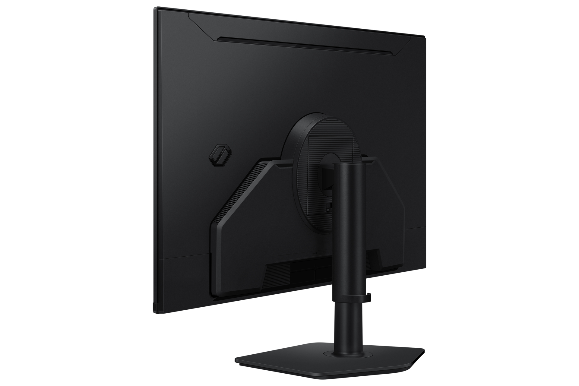 Rückseite eines schwarzen Monitors mit Ständer auf weißem Hintergrund.