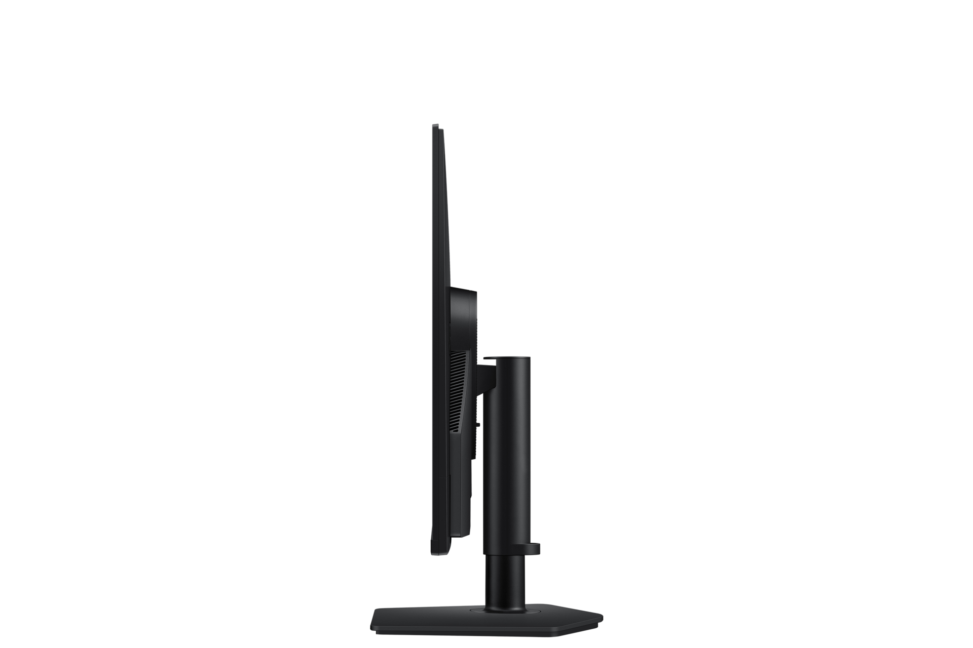 Widok z boku czarnego monitora komputerowego na stojaku na białym tle.