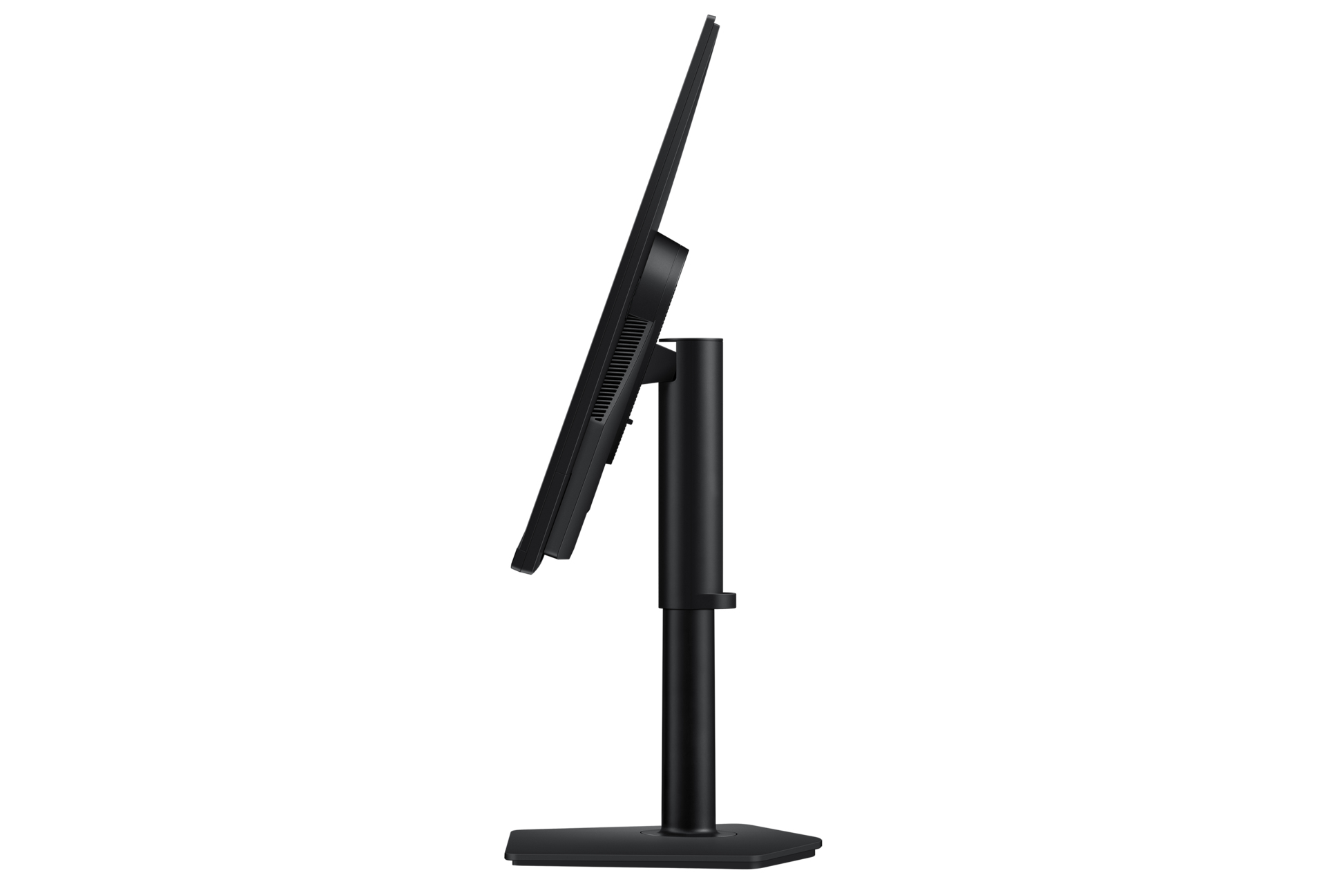 Czarny monitor komputerowy na stojaku, widziany z boku.
