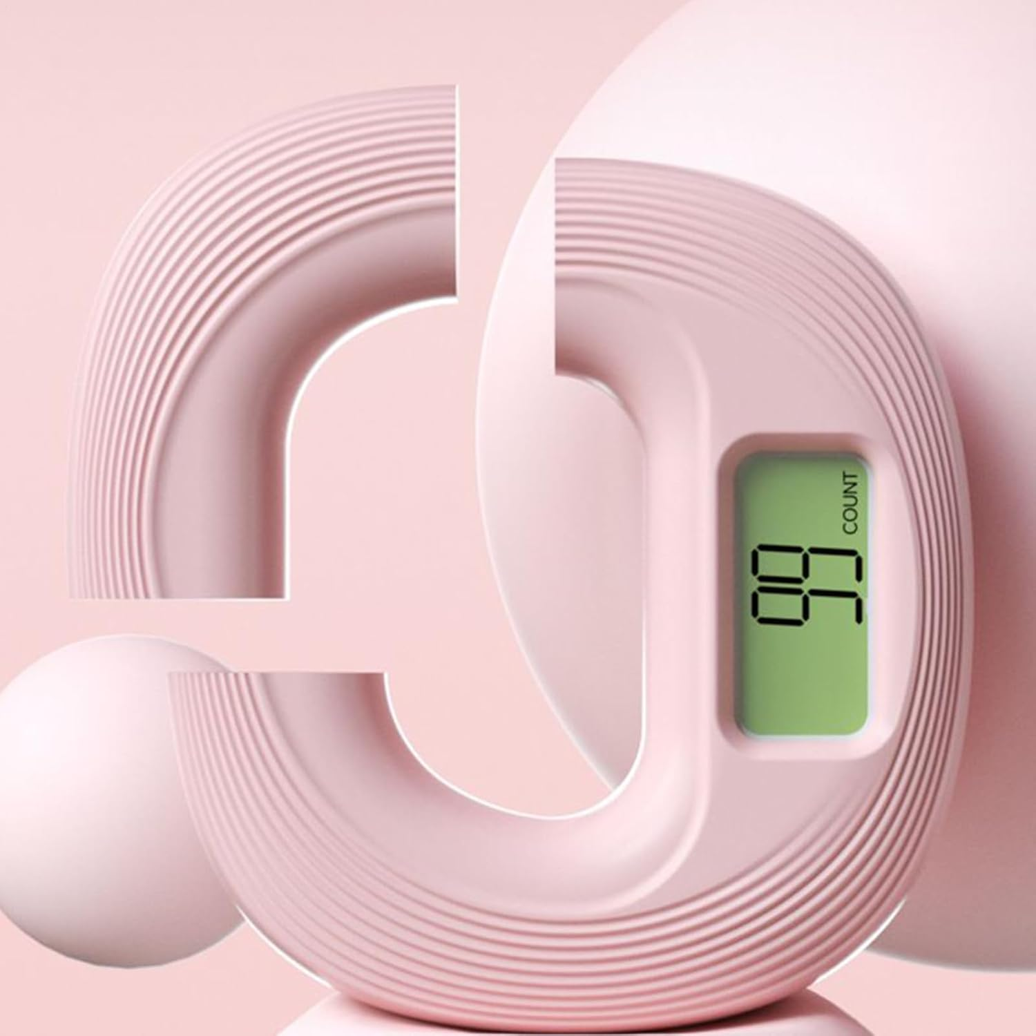 Ein rosa Zähler mit digitaler Anzeige zeigt 66. Mehrere gekrümmte Formen im Hintergrund.