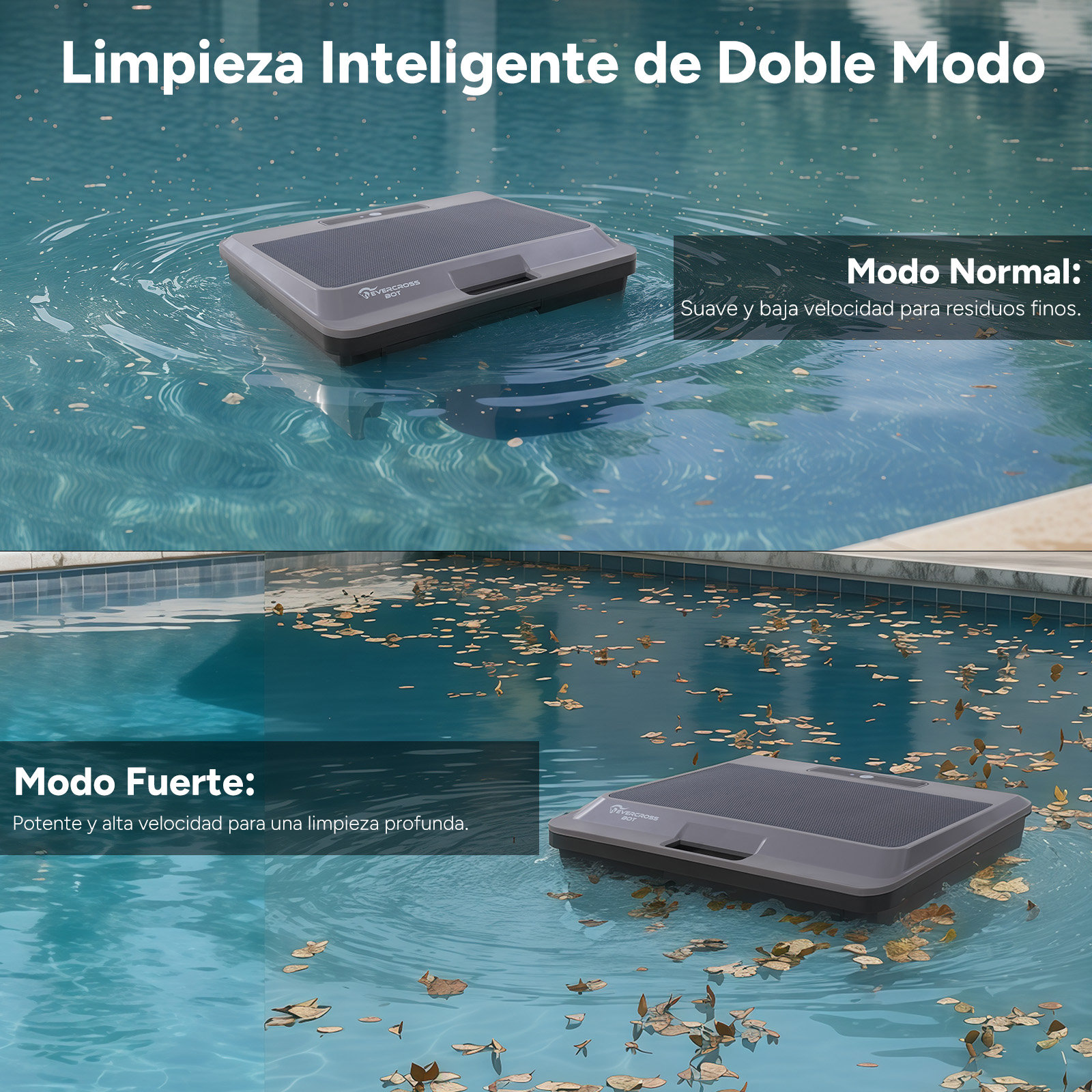 Un robot de piscina en modo normal y fuerte recogiendo hojas en el agua.
