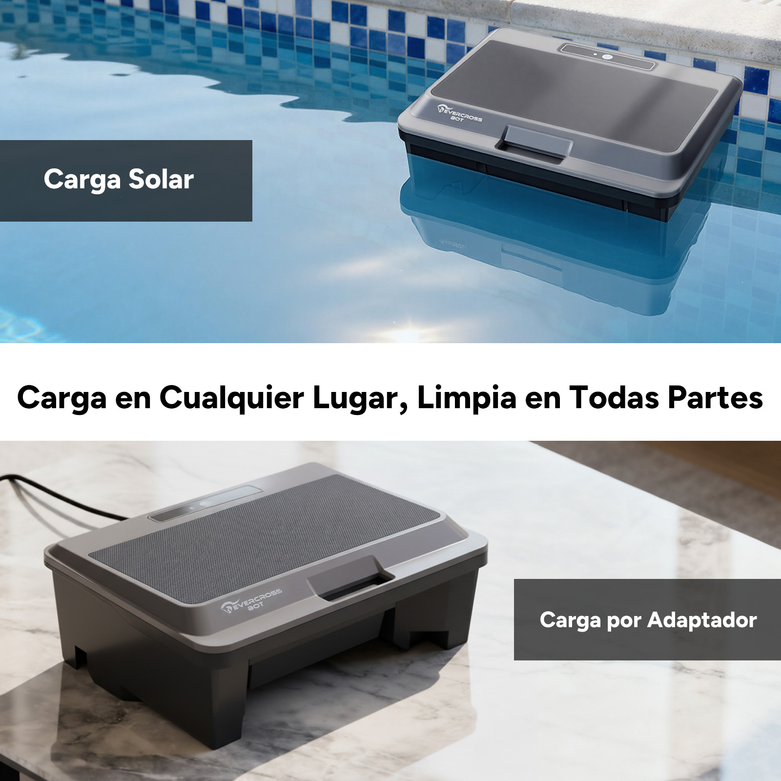 Un robot aspirador de piscina gris cargando con energía solar en una piscina.