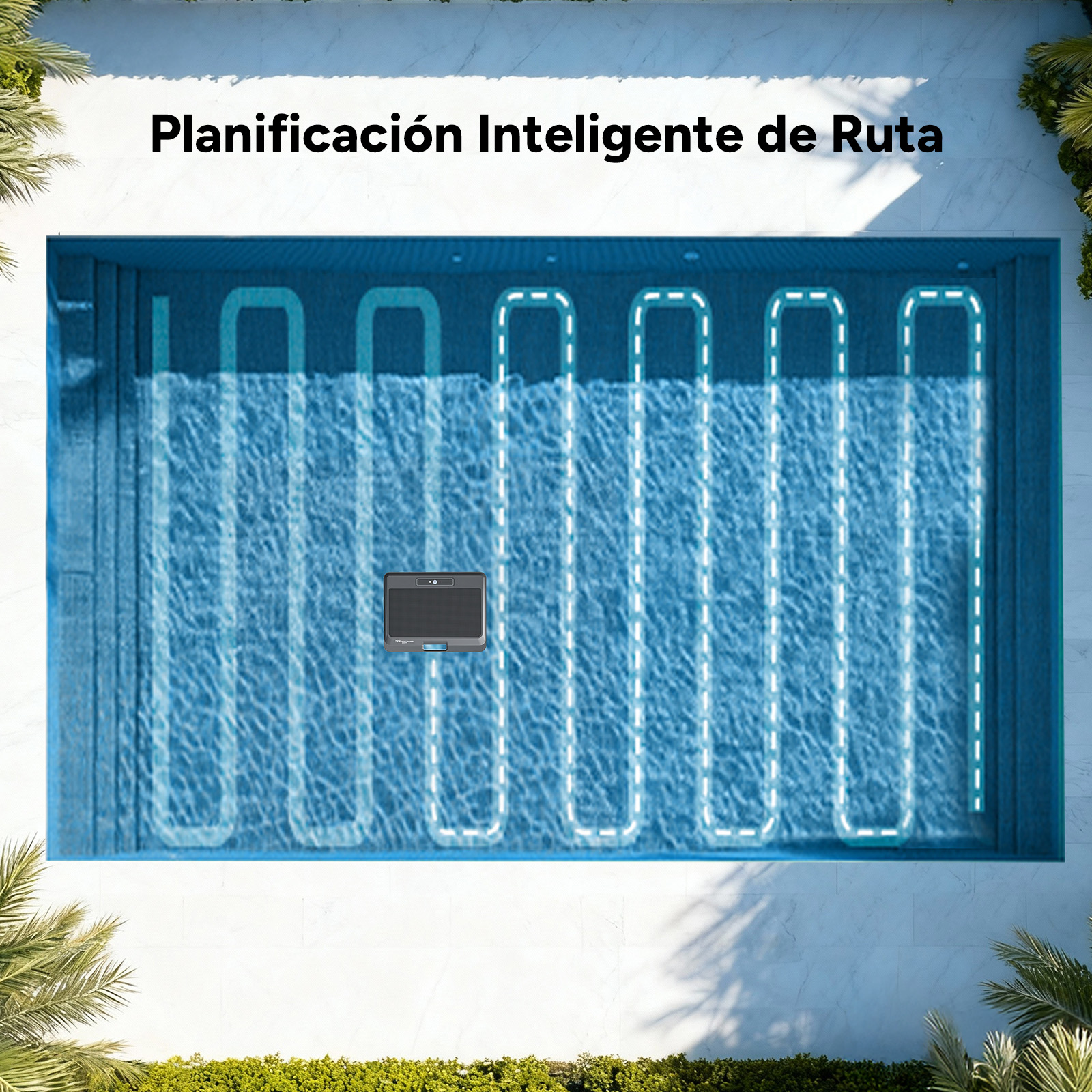 Un robot limpia piscinas sigue una ruta planificada marcada con líneas blancas.
