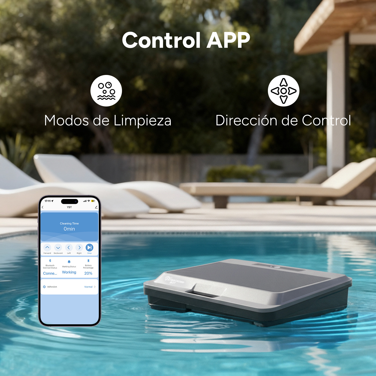Un robot limpiador de piscinas flota en el agua junto a un smartphone con una app de control.