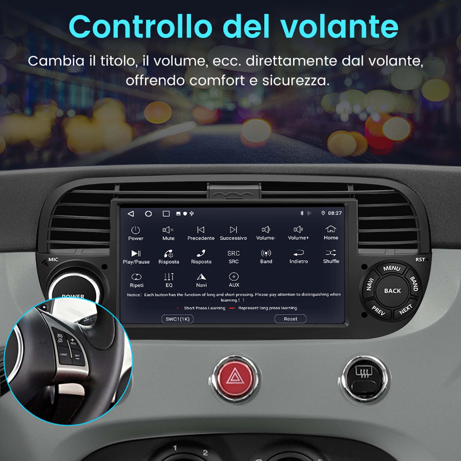 Lo schermo di un autoradio mostra i comandi al volante e le opzioni del menu.