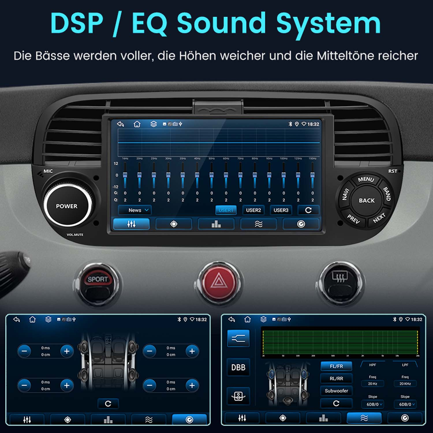 Un'autoradio con schermo DSP/EQ Sound System, equalizzatore e impostazioni altoparlanti.
