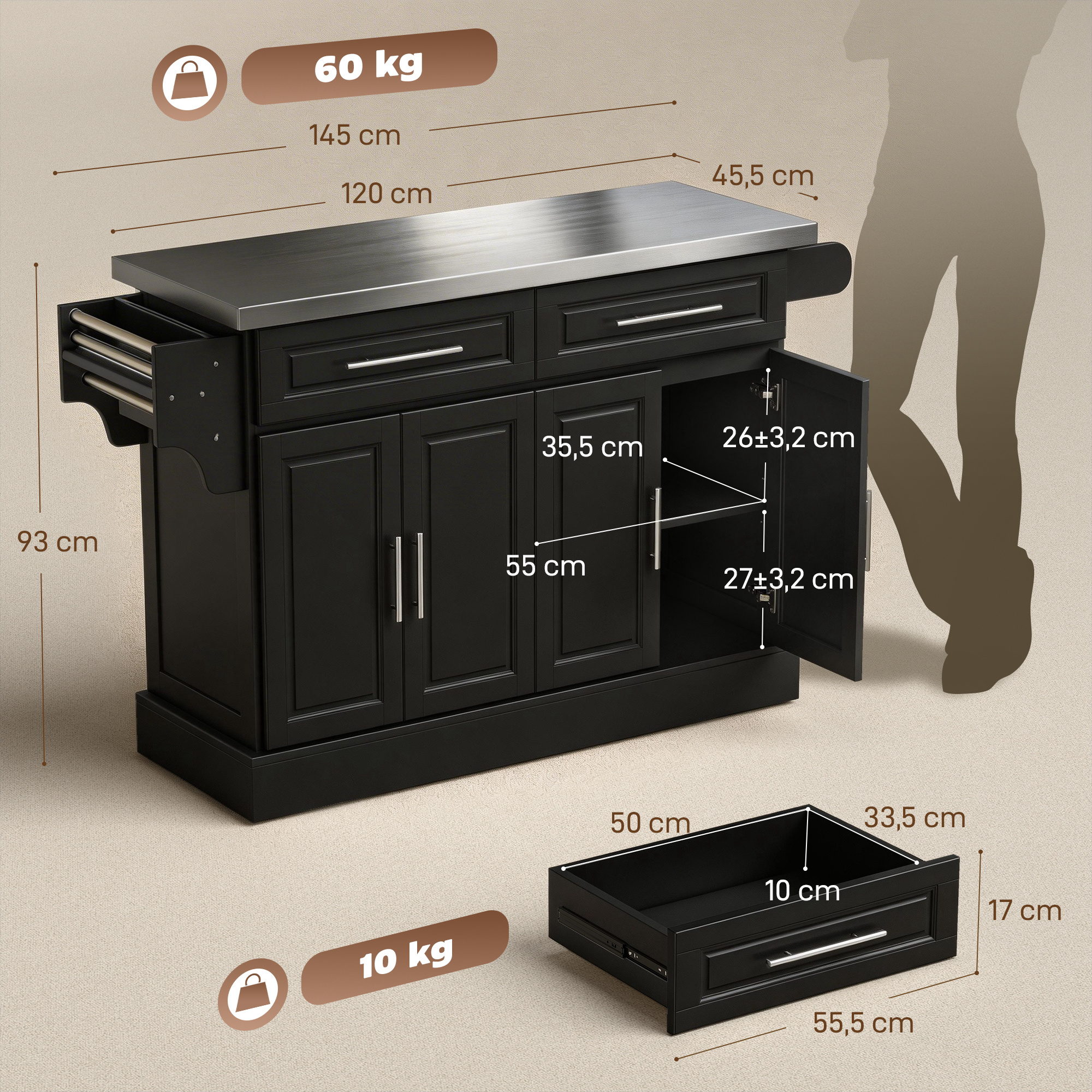 Isla de cocina negra con tapa de acero inoxidable. Carga máx. 60kg.