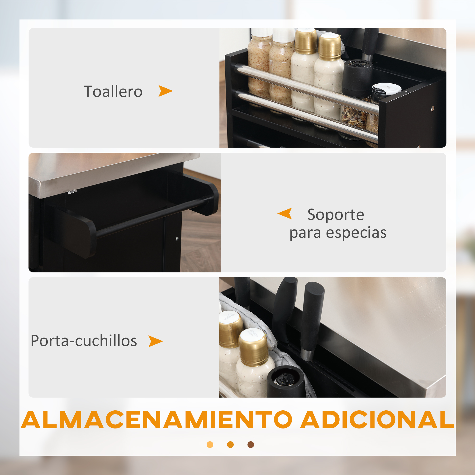 Un carrito de cocina con especiero, bloque de cuchillos y portarrollos.