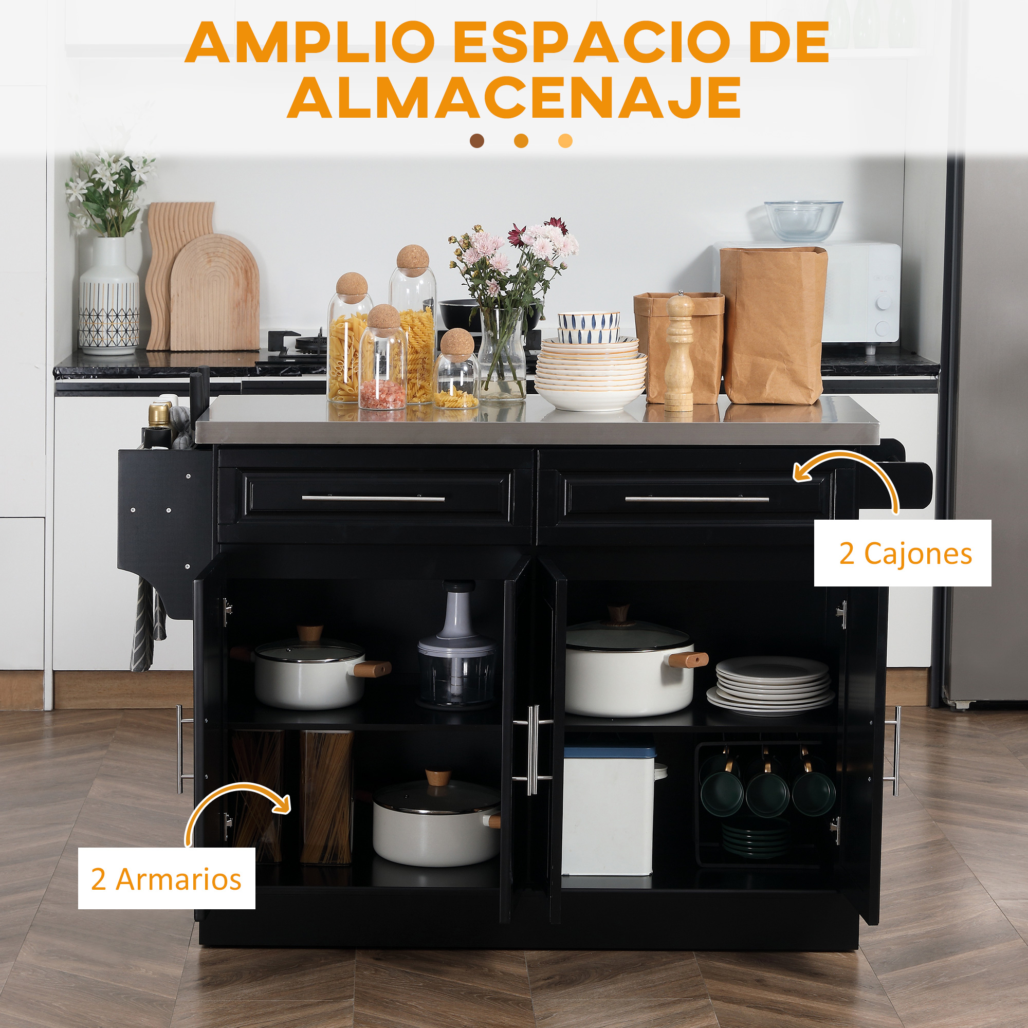 Carro de cocina negro con compartimentos abiertos, ollas, platos y despensa.