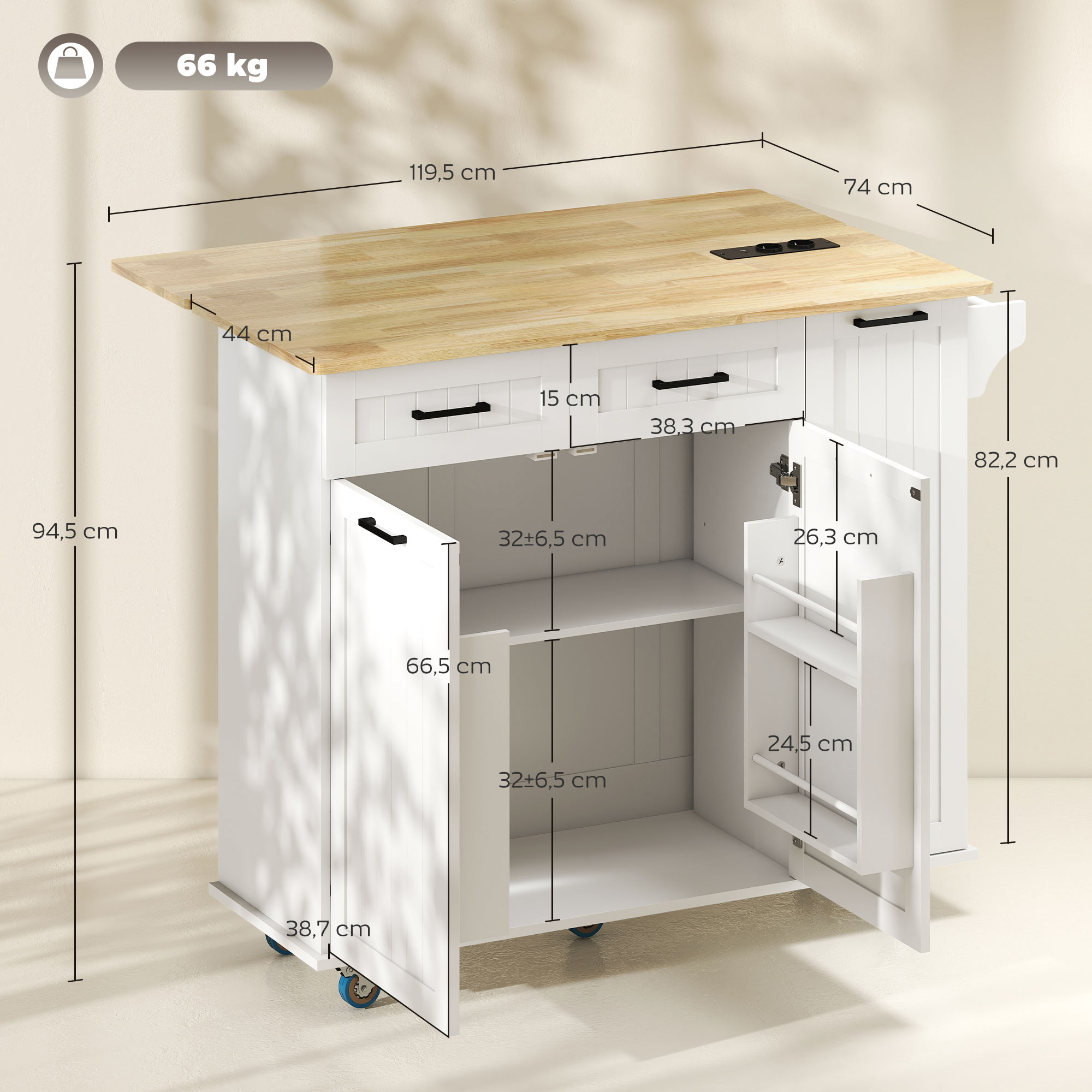 Isla de cocina blanca con encimera de madera, cajones y armarios abiertos.