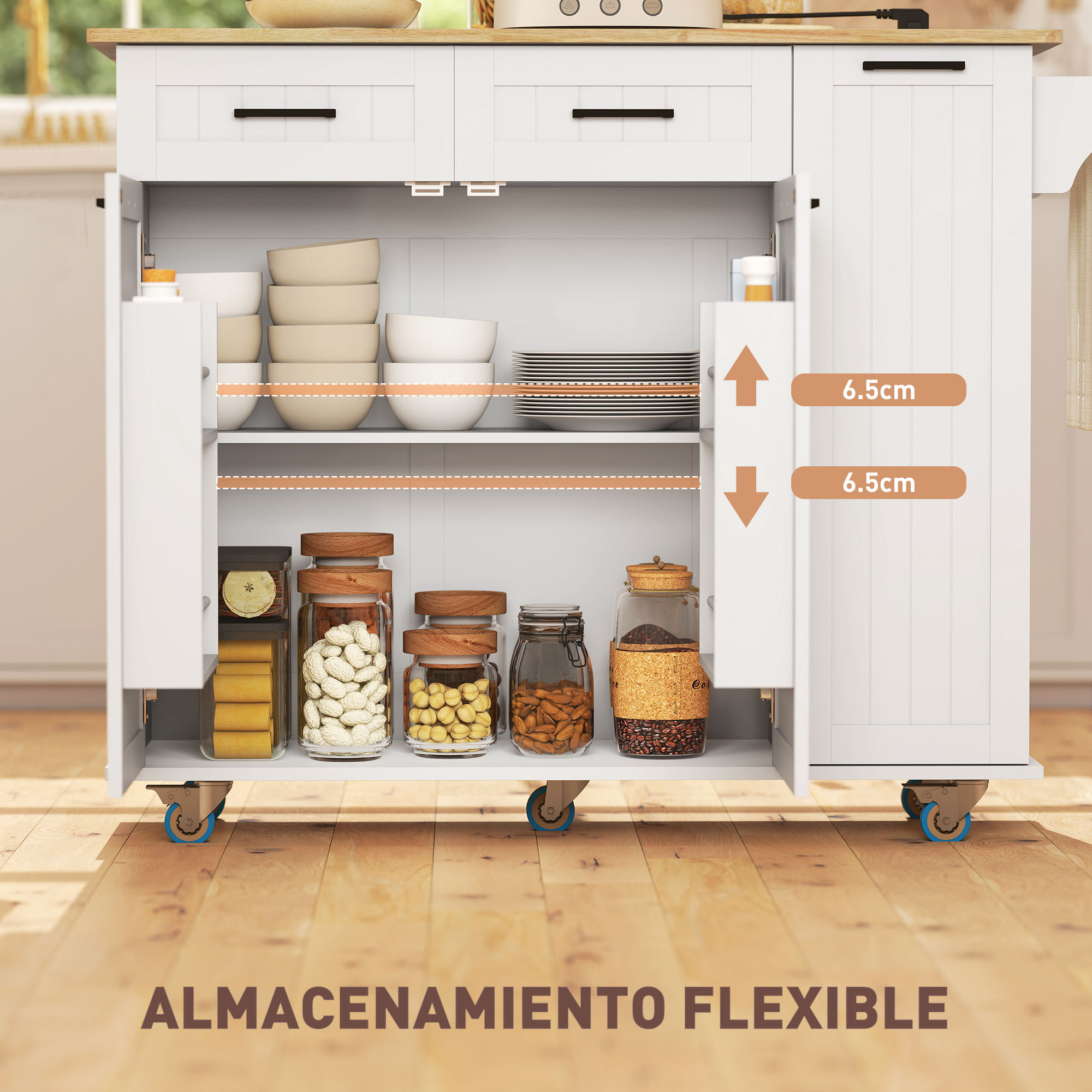 Isla de cocina blanca con estantes abiertos, cuencos, platos y tarros. Ruedas debajo.