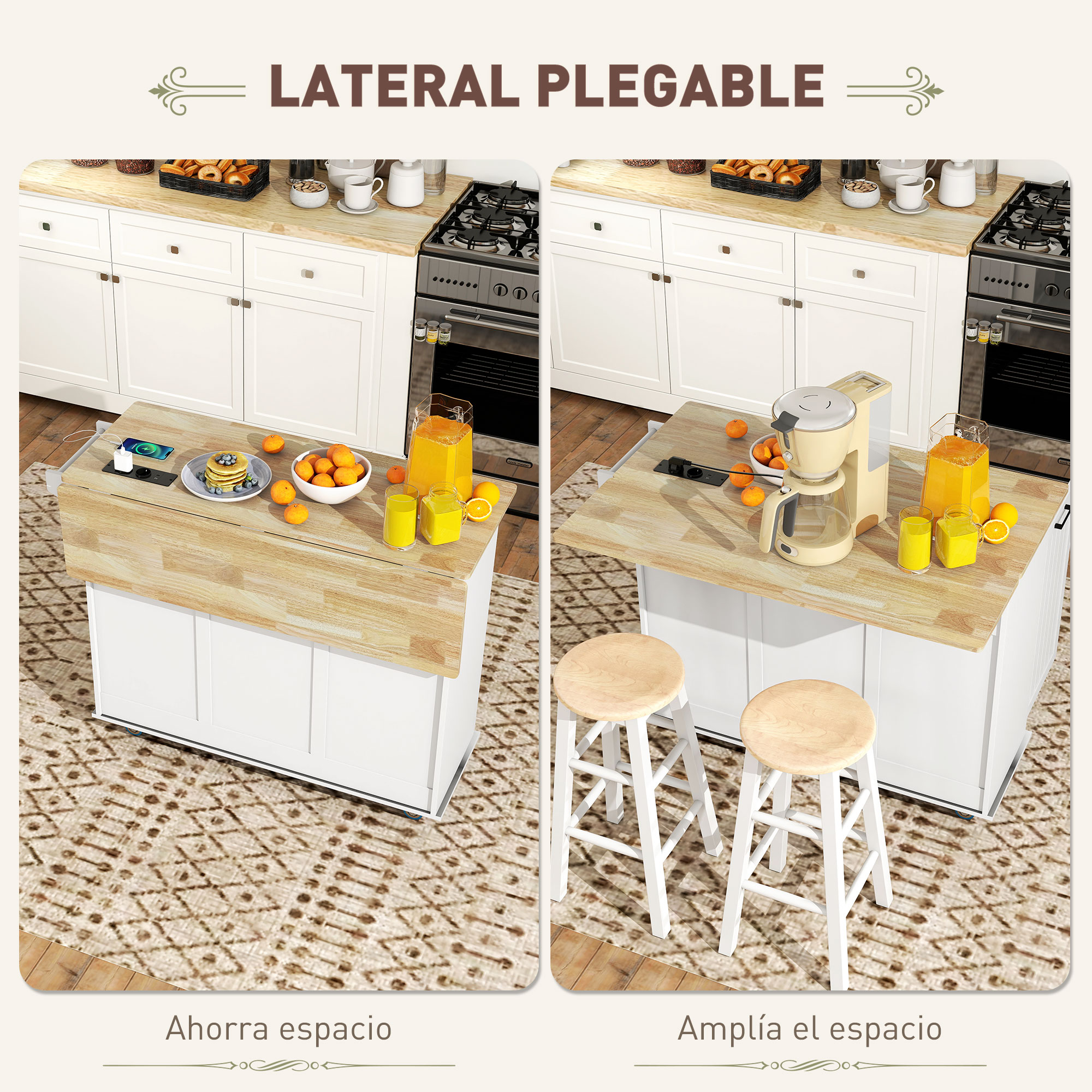 Isla de cocina con encimera abatible, cafetera y zumo de naranja.