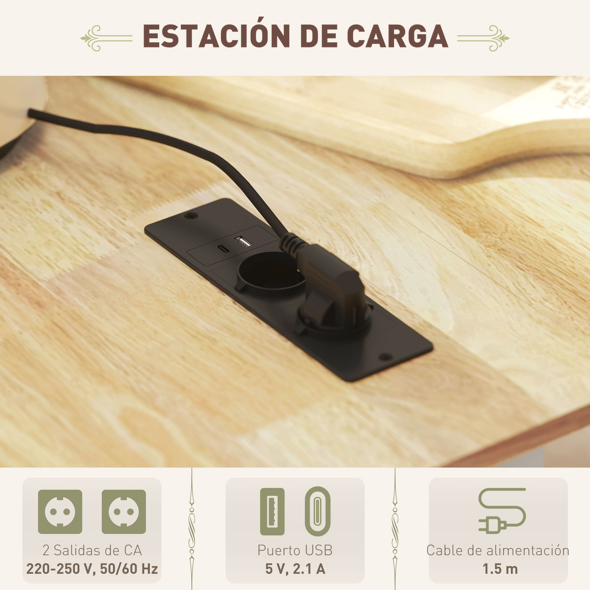 Una estación de carga negra con puertos USB y de CA sobre una superficie de madera.