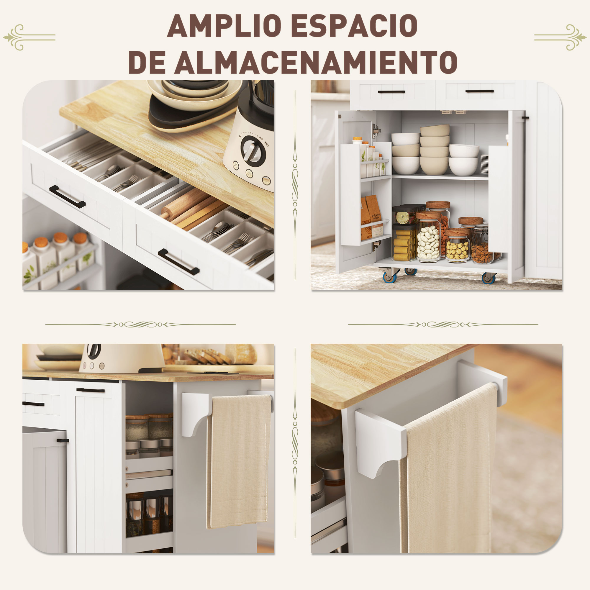 Un carrito de cocina blanco con tapa de madera, cajones y estantes abiertos con platos y alimentos.