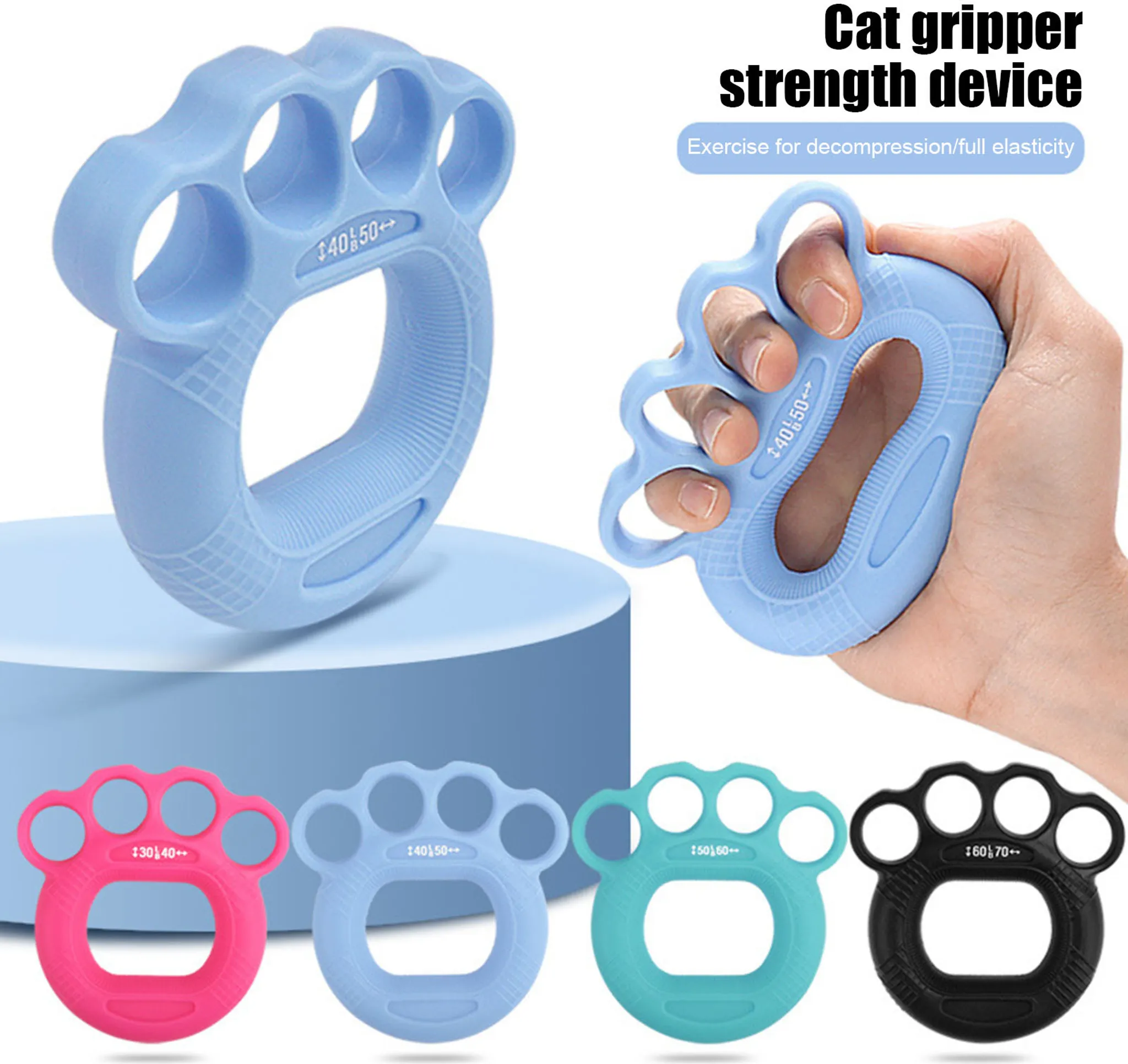 Blauer Handtrainer mit vier Fingerschlaufen und einem Griff.