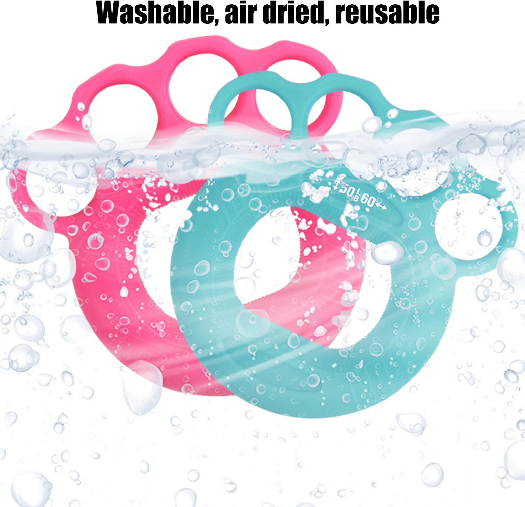 Zwei pinke und türkise Handtrainer mit Blasen im Wasser.