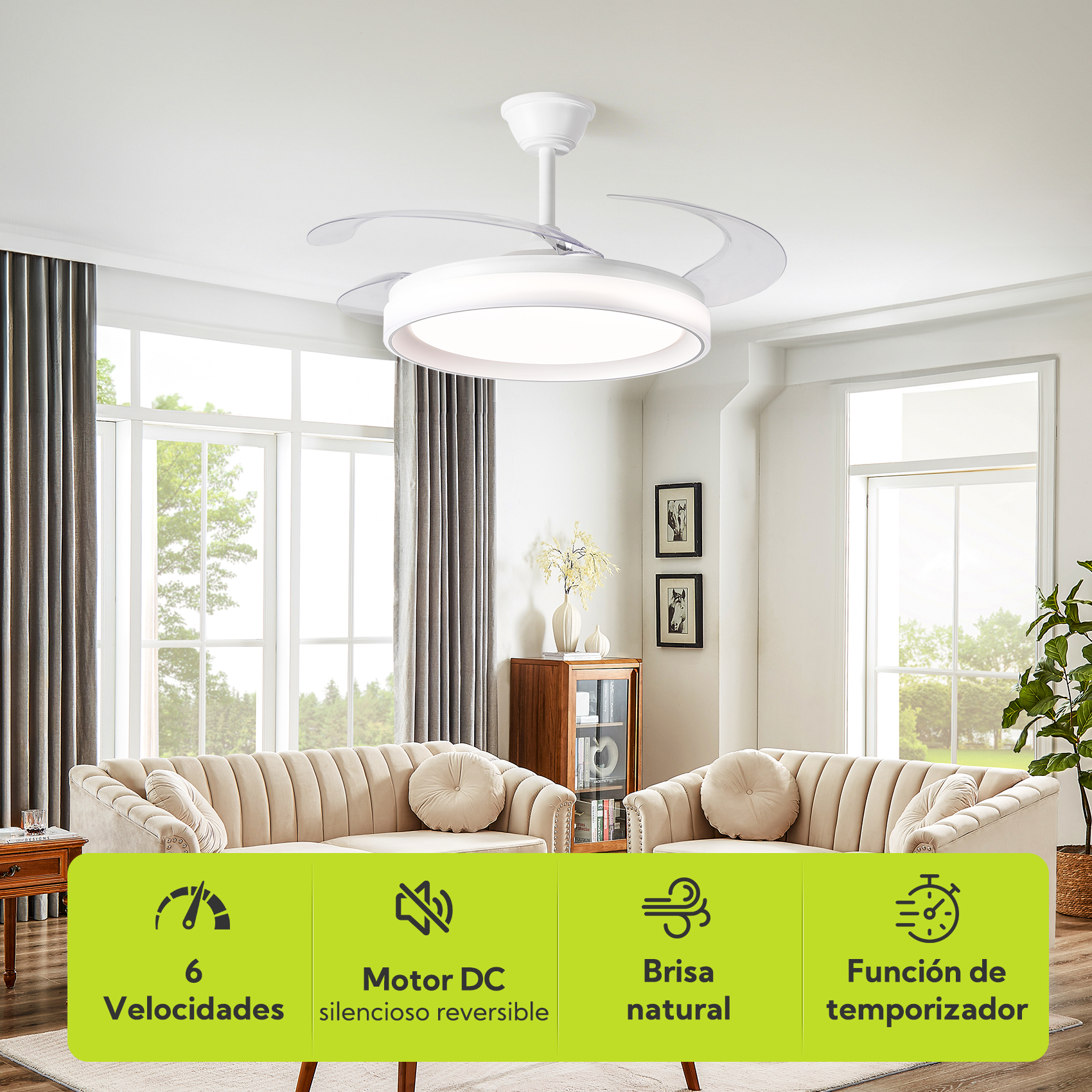 Ventilador de techo moderno con luz sobre un sofá, con iconos de funciones.